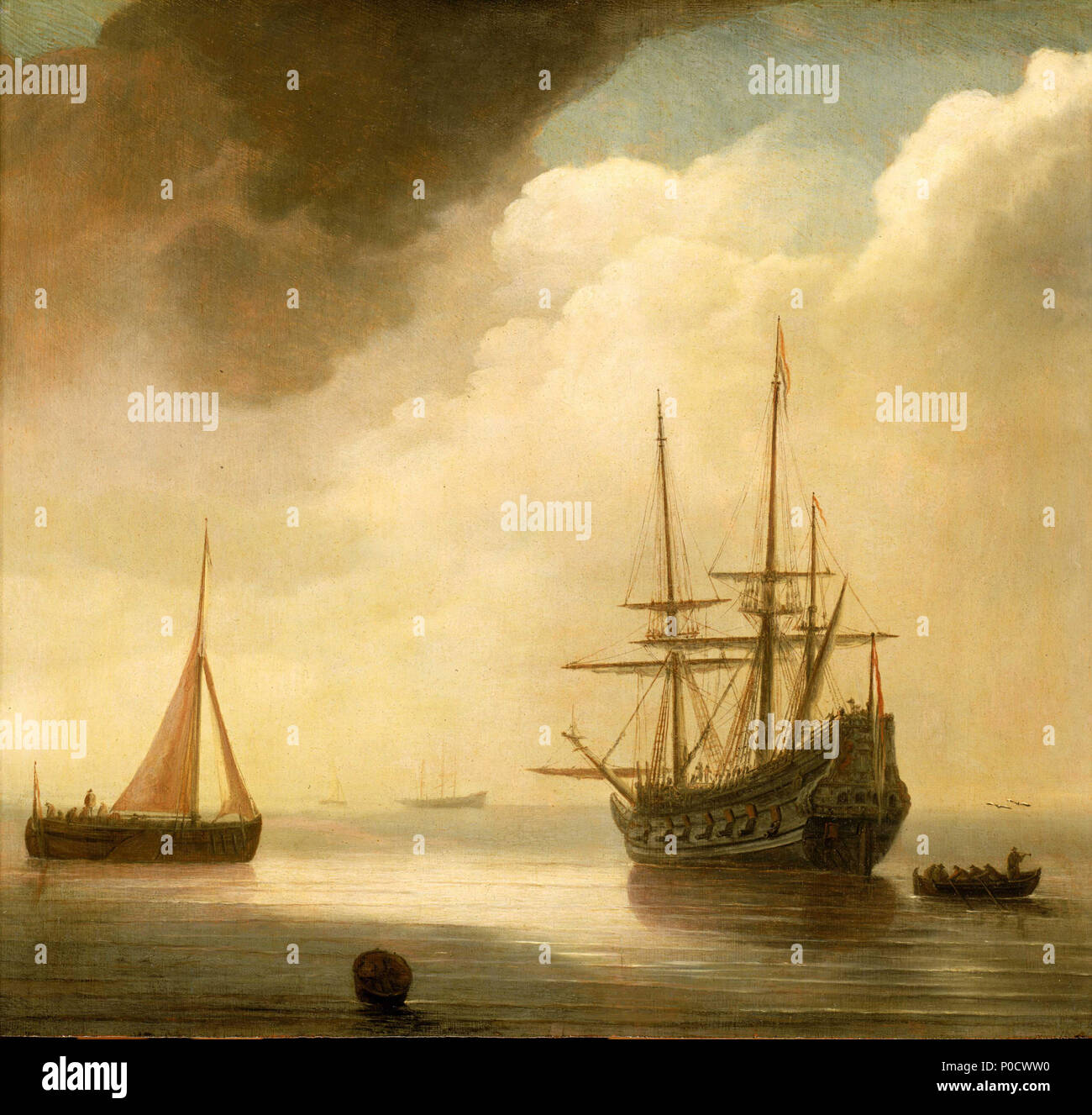 . Englisch: ein Schiff in einem ruhigen Meer Versand befindet sich auf einem ruhigen Meer gezeigt. Ein Coastal craft mit einem roten Segel ist auf der linken Seite gezeigt, in Steuerbord - Breitseite Ansicht mit der Steuerbordseite leeboard sichtbar und mehrere Figuren an Bord. Auf der rechten Seite ein Schiff in einen Hafen gezeigt wird - Viertel Ansicht vor Anker, unter der niederländischen Flagge am Heck und mainmast. Der Stern ist kunstvoll geschnitzten, mit einem Wappen und Red Lion sichtbar. Zahlen können auf dem Deck und in der takelage gesehen werden. Im Vordergrund rechts ein kleines Boot rudert vom Schiff mit einem Mann, der die Bögen eine Trompete bläst, während zwei Seevögel hov Stockfoto