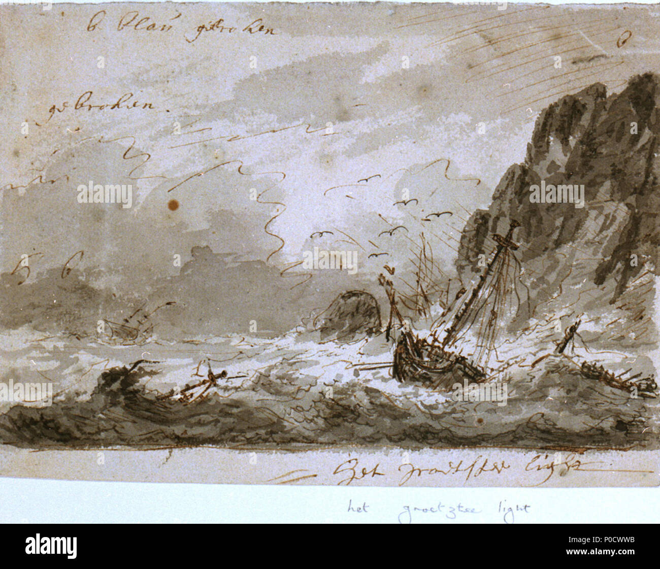 Englisch: ein Schiff Schiffbruch auf einer felsigen Küste Dieser eine  Skizze für eine beabsichtigte Malerei sein kann. In den Jahren um 1700 van  de Velde und sein Studio produziert eine große