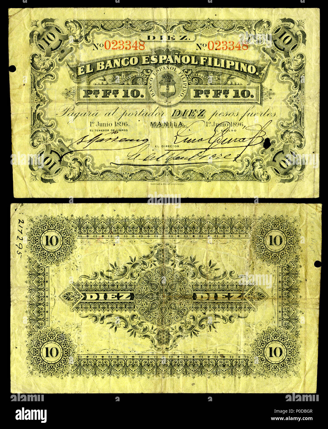 4 PHI ist eine 8-El Banco Español - Filipino - 10 Pesos (1896) Stockfoto