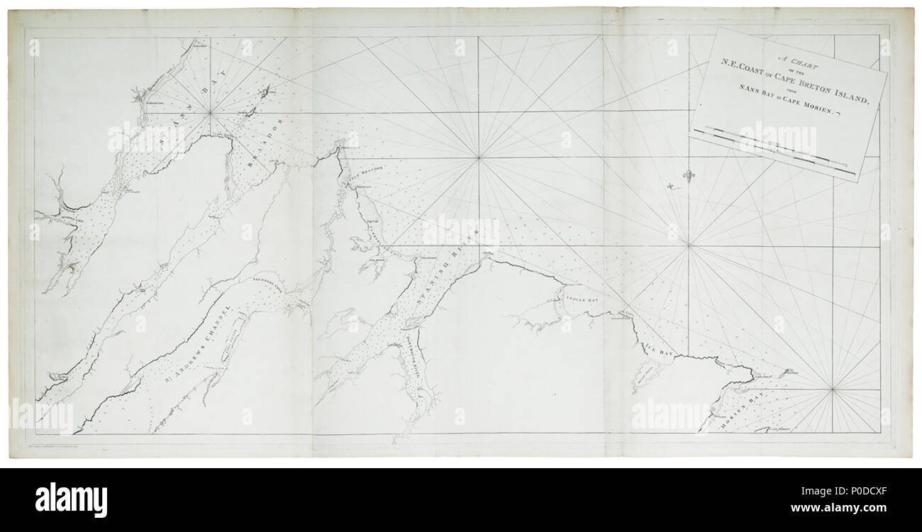 . Englisch: ein Diagramm, in dem die N.E. Küste von Cape Breton Island, von St Ann Bay bis Cape Morien. Drei Blätter. Eingraviert. Maßstab: Ca. 1:48 000. Kartografische Hinweis: Variation dargestellt 17 Grad 30' W. Ungraduiert. Bar Skalen in Satzung und nautischen Meilen. Plattenwechsel: Impressum 1. Oktober 1781. Klippen verdunkelt. Kompass strahlt so erweitert, dass Sie verzahnen. Weitere Features: Gedruckt auf Bates Papier. Die Bohrungen am oberen oder unteren Rand. HNS 136 C ein Diagramm, in dem die N.E. Küste von Cape Breton Island, von St Ann Bay bis Cape Morien. . 1781. Des Barres; Joseph Friedrich Wallet des Barres 35 ein Diagramm, in dem die N.E. Küste Stockfoto