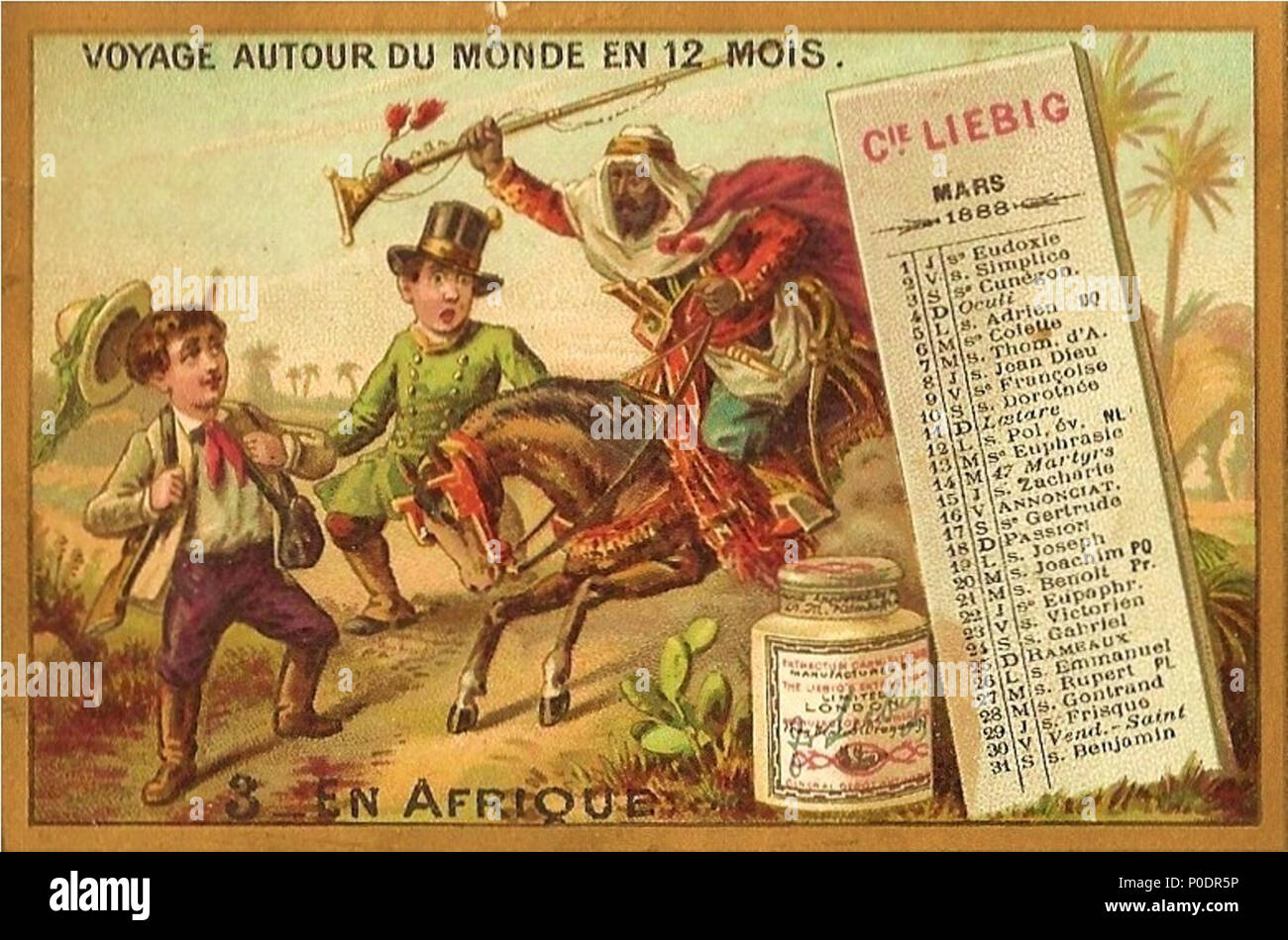 . Français: Chromolithographie de La Marque Liebig, Entreprise française, Appartenant au Groupe américain Campbell Soup Company. Thème: voyage Autour du Monde en Douze mois. En Afrique, mars 1888. . März 1888. Unbekannt 22 Chromolithographie (15) Stockfoto