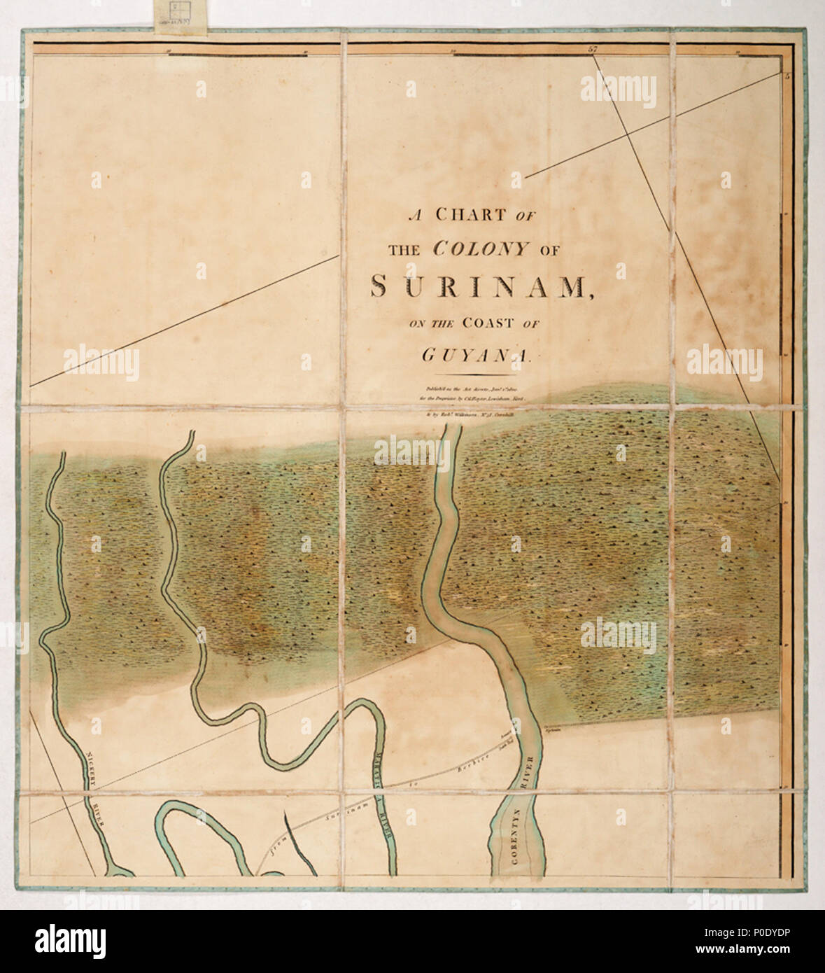 . Englisch: ein Diagramm, in dem die Kolonie Surinam, an der Küste von Guayana. Vier blättern. Hand col.engr. Medium: segmentiert und gesichert. Maßstab: 1:200 000 (bar). Kartografische Hinweis: North auf 336 Grad. Graduierte. Soundings und Meeresboden soundings gezeigt. Skala in nautischen Meilen. Weitere Orte: Surinam, commewijne Fluss Corantijn River. Inhalt Hinweis: Grundstücksgrenzen und Vegetation sind auf dem Land gezeigt, Segeln Richtungen einen Hinweis über gefährliche Banken, auf die die Thorn Sloop der Krieg lief 1796 an und war gezwungen, ihre Waffen über Bord zu werfen. Grün 82/3 (2) ein Diagramm, in dem die Kolonie Surinam, Stockfoto