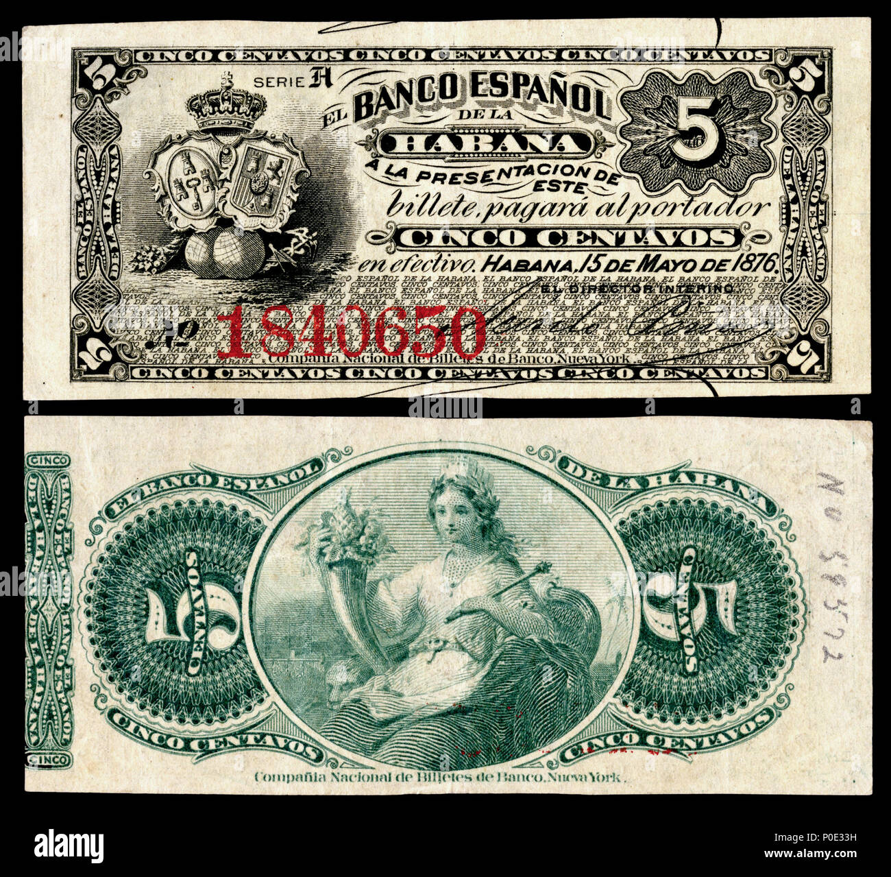 Englisch: El Banco Espanol de la Isla de Cuba, 5 Centavos (1896)  eingraviert und von der American Bank Note Company, New York, gedruckt.  1896 (Hinweis), 2015 (Bild). American Bank Note Company