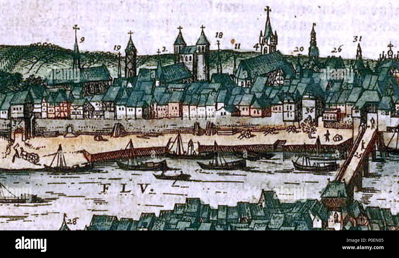 . Englisch: Blick auf die Maas und der südliche Teil von Maastricht, Niederlande, um 1570. Im Vordergrund Wyck, auf der linken Seite, um die mittelalterliche Brücke. In der Stadt an der Wand zwei Tore: Onze-Lieve-Vrouwepoort (links) und Visserspoort (rechts). Detail einer Stadt Panorama von Simon de Bellomonte, c 1570, 1575 in Teil 2 der Braun & Hogenberg von Atlas der Welt Städte veröffentlicht Civitates orbis terrarum. . 1575. Simon de Bellomonte, c2668 14 Maastricht, Het Bat met OLV-poort en detail stadsgezicht Visserspoort, Simon de Bellomonte, 1570 Stockfoto