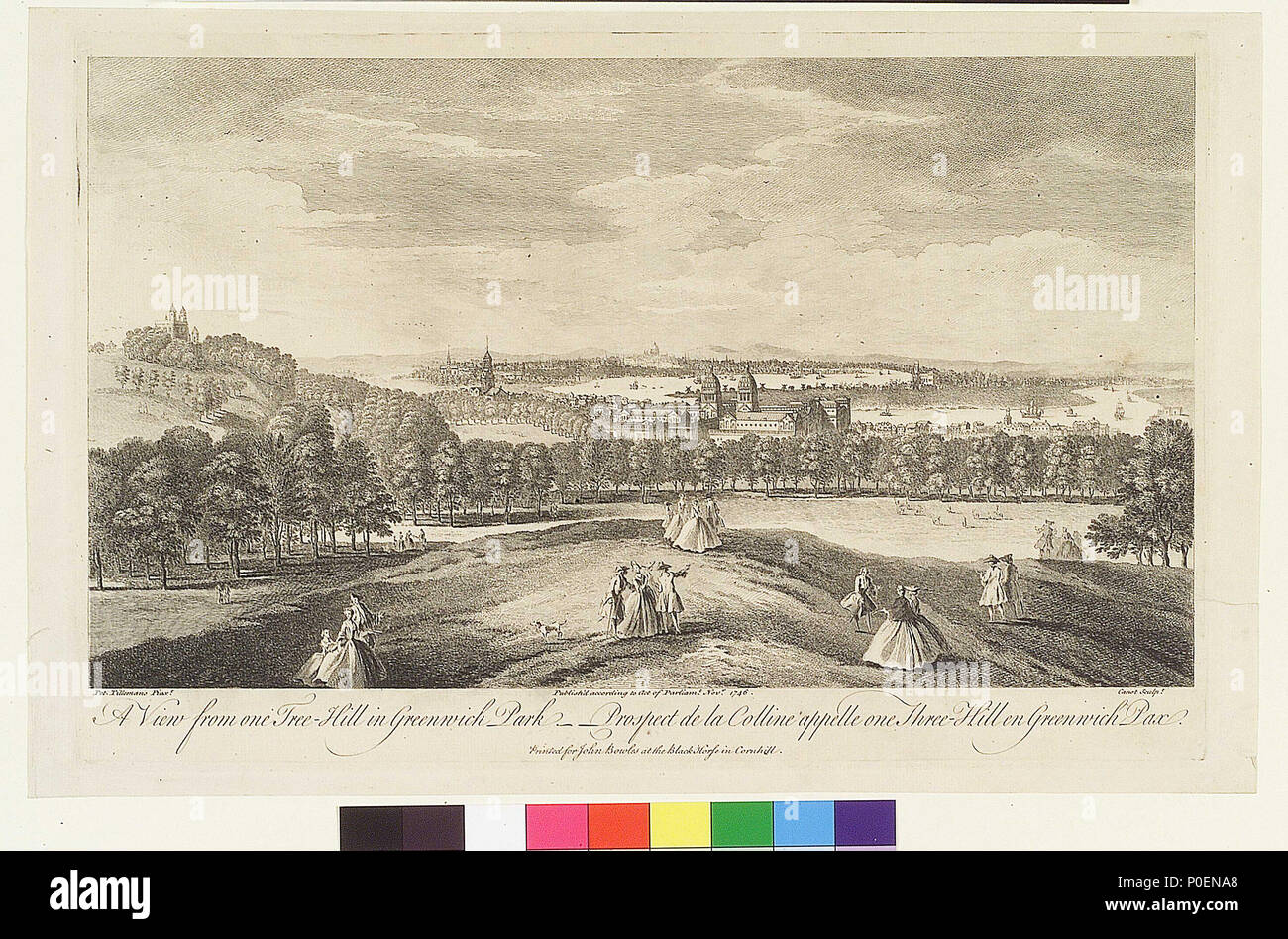 . Englisch: eine Ansicht aus einem Tree-Hill im Greenwich Park - Aussicht de la Colline Appelle eine Tree-Hill en Greenwich ParcAn idealisierte Ansicht in panoramischer Sicht, wobei in der Sternwarte auf der linken und die vollständige Sweep runde Blackwall Punkt auf der rechten Seite. Das Royal Hospital für Seeleute in der Mitte ist als komplette gezeigt, obwohl die Königin Maria Hof (unter der rechten Dome) nur in 1751 fertig gestellt wurde. Es gibt eine Reihe von Versionen von dieser Ansicht von tillemans in der Sammlung, nicht alle im Querformat detail identisch und durch mehrere Graveure, von 1744 bis 1794 eine Ansicht aus einem Tree-Hill in Stockfoto