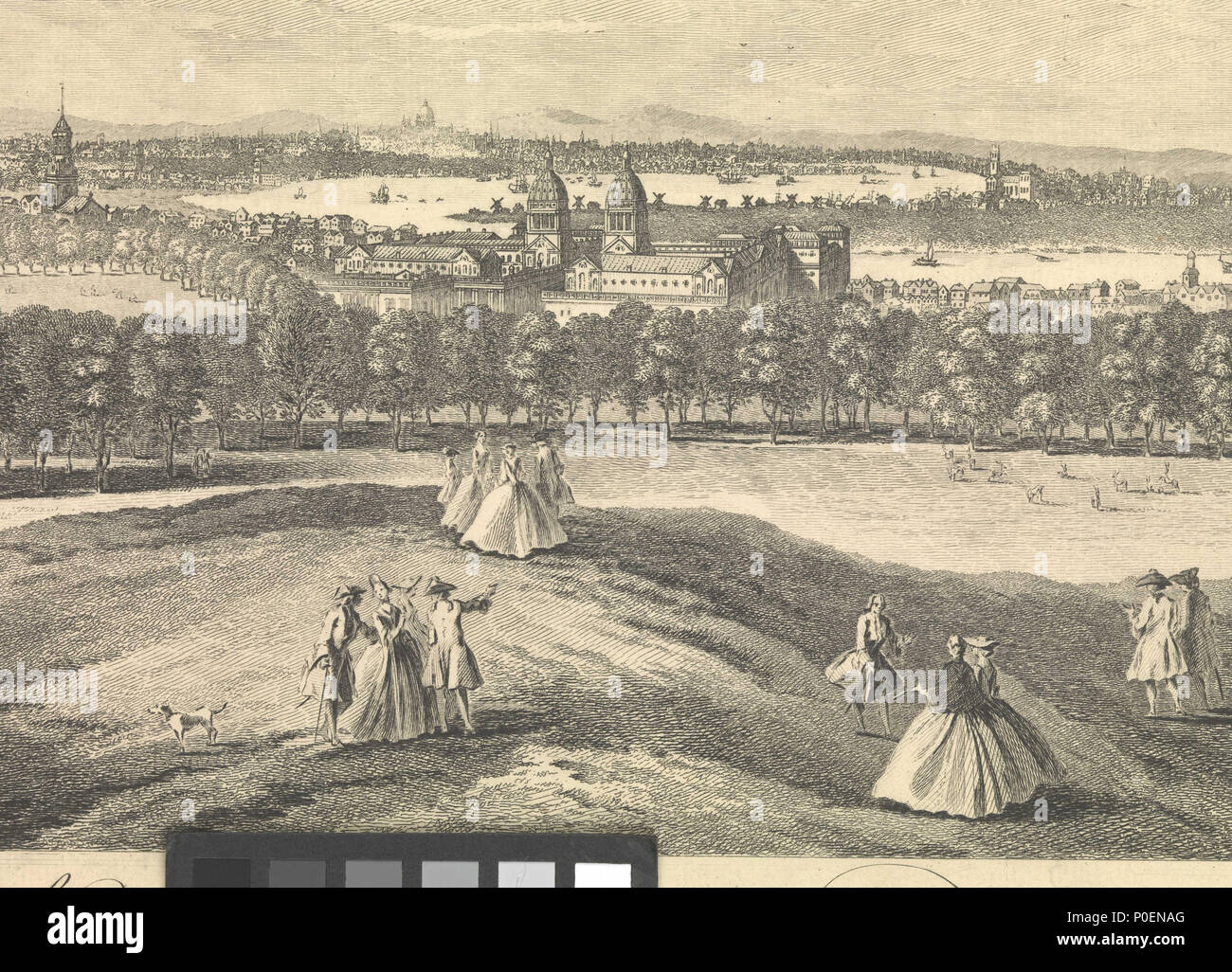 . Englisch: eine Ansicht aus einem Tree-Hill im Greenwich Park - Aussicht de la Colline Appelle eine Tree-Hill en Greenwich ParcAn idealisierte Ansicht in panoramischer Sicht, wobei in der Sternwarte auf der linken und die vollständige Sweep runde Blackwall Punkt auf der rechten Seite. Das Royal Hospital für Seeleute in der Mitte ist als komplette gezeigt, obwohl die Königin Maria Hof (unter der rechten Dome) nur in 1751 fertig gestellt wurde. Es gibt eine Reihe von Versionen von dieser Ansicht von tillemans in der Sammlung, nicht alle im Querformat detail identisch und durch mehrere Graveure, von 1744 bis 1794 detailliert Bild der zentralen Bereich Stockfoto