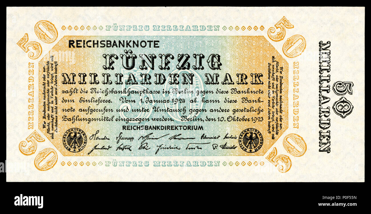 . Englisch: Deutsche Papiermark der Weimarer Republik, nach dem Ersten Weltkrieg hyperinflation Era (1921 - 24). . 1923 (Hinweis), 2015 (Bild). Reichsbankdirektorium Berlin 3 GER-119 c-Reichsbanknote 50 Milliarden Mark (1923) Stockfoto