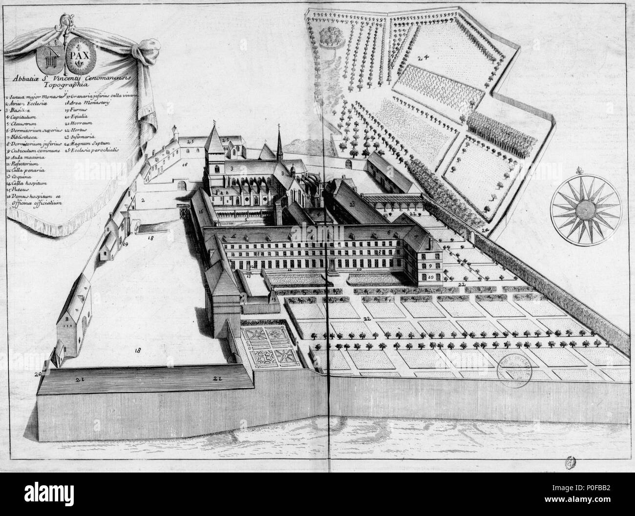 . Français: Planche gravée du 17ème siècle représentant l'Abbaye Saint-Vincent du Mans, dans le livre Monasticon Gallicanum. . 17. Jahrhundert. Michel Germain (1645 - 1694) Alternative Namen; Dom Dom Michel Germain Germain Beschreibung französischer Mönch, Gelehrter und Historiker Geburtsdatum / Tod 28. August 1645 vom 23. Januar 1694 die Lage der Geburt Péronne Authority control: Q 3309745 VIAF:?:? ISNI 24611609 0000 0001 2099 9200 88605954 LCCN:?n GND:?:? 02816668 119148676 SUDOC X WorldCat Achille Peigné-Delacourt (1797 - 1881) Beschreibung der französische Archäologe und Historiker Geburtsdatum / Tod 5A Stockfoto