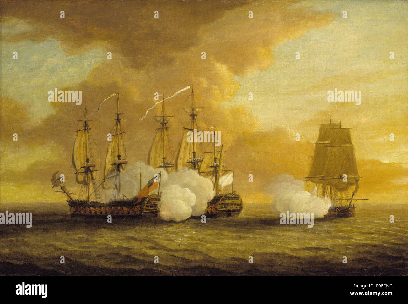 . Englisch: Aktion zwischen HMS Lion und Elizabeth und die Du Teillay, 9. Juli 1745 mit dieser Aktion zwischen französischen und britischen Schiffen fand am 9. Juli 1745, während der abschließenden Jacobite Rebellion. Die Aufstände zwischen 1688 und 1746 wurden zunächst richtet James VII. von Schottland (James II. von England), die Alte Pretender, auf den Thron wieder her, nachdem er während der Glorreichen Revolution gestürzt wurde. Dieser letzte Rebellion war der Sohn des Alten Pretender, Prinz Charles Stuart, als der Junge Pretender bekannt. Er plante, in Schottland zu Land und eine Armee in Richtung London bis März, während eine französische Armee ich Stockfoto . Englisch: Aktion zwischen HMS Lion und Elizabeth und die Du Teillay, 9. Juli 1745 mit dieser Aktion zwischen französischen und britischen Schiffen fand am 9. Juli 1745, während der abschließenden Jacobite Rebellion. Die Aufstände zwischen 1688 und 1746 wurden zunächst richtet James VII. von Schottland (James II. von England), die Alte Pretender, auf den Thron wieder her, nachdem er während der Glorreichen Revolution gestürzt wurde. Dieser letzte Rebellion war der Sohn des Alten Pretender, Prinz Charles Stuart, als der Junge Pretender bekannt. Er plante, in Schottland zu Land und eine Armee in Richtung London bis März, während eine französische Armee ich Stockfoto