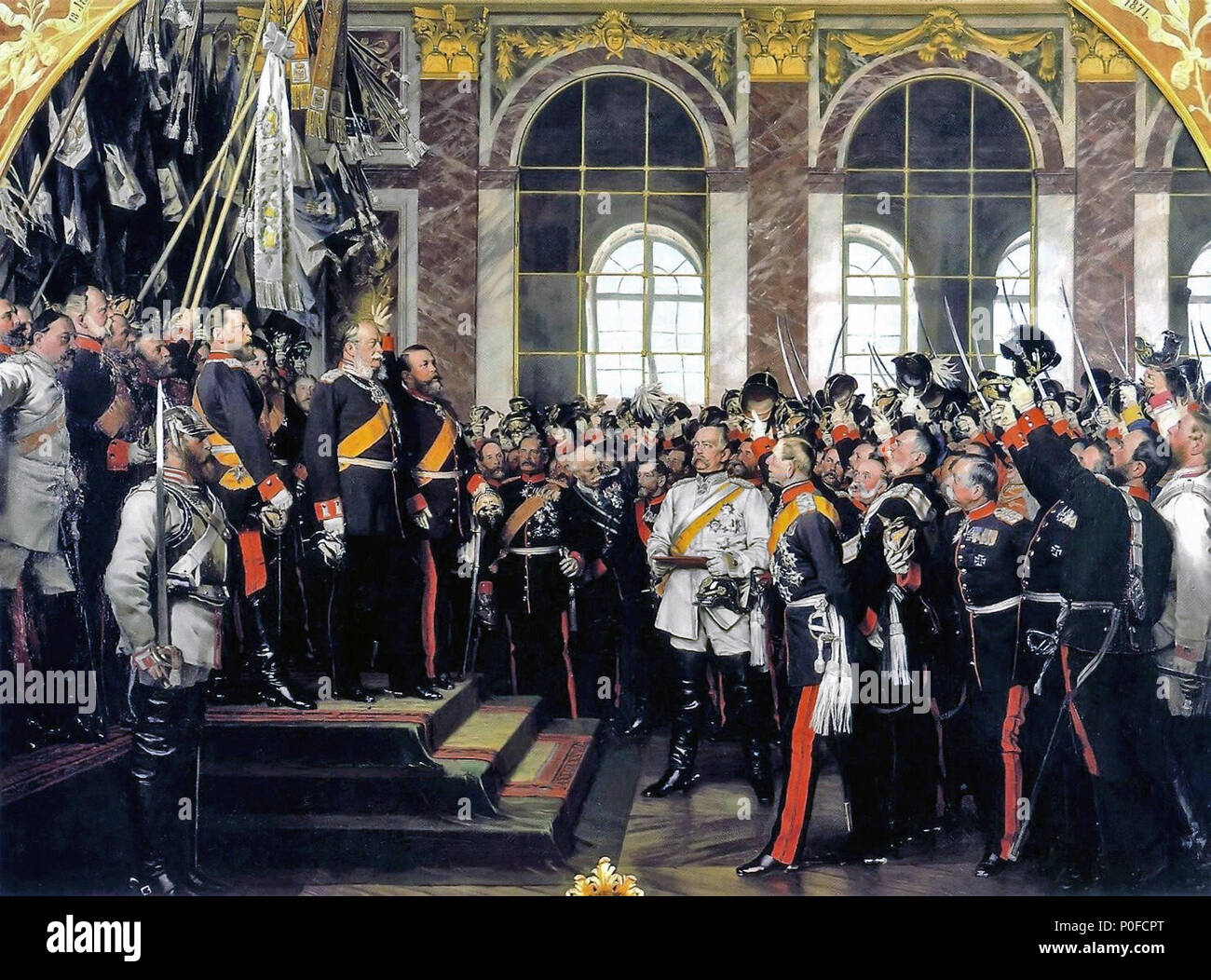 . Die dritte Version der Proklamation des preußischen Königs Wilhelm I. zum Deutschen Kaiser in Versailles, von Anton von Werner. Die ersten zwei Versionen wurden im Zweiten Weltkrieg zerstört. Diese Version wurde von der Preußischen Königsfamilie für 70 Kanzler Bismarcks Geburtstag in Auftrag gegeben. . Die Verkündigung des Deutschen Reiches. 1885 4 Wernerprokla Stockfoto