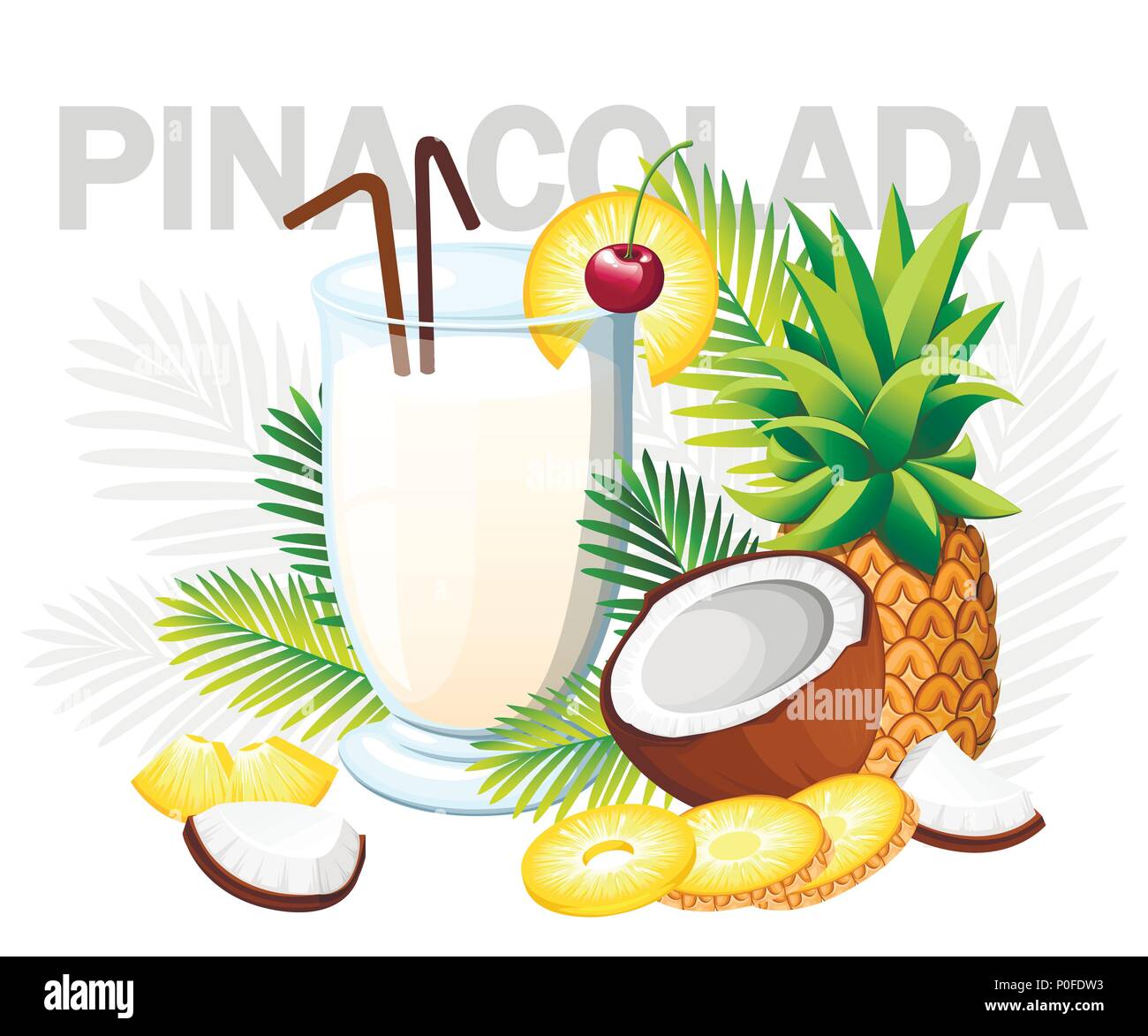 Pina Colada Cocktail. Tropische Cocktails mit Kokos und Ananas. Glas mit Getränken. Green Palm verlässt. Vector Illustration auf weißem Hintergrund Stock Vektor