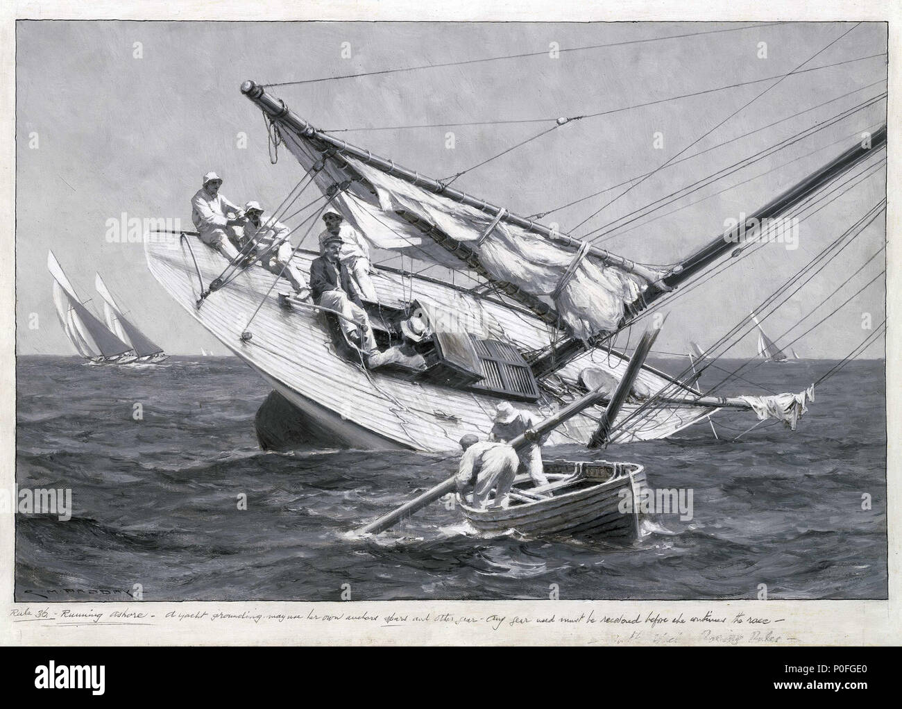 . Englisch: eine Yacht von Bord einer Yacht gezeigt wird während eines Rennens geerdet. Das kleine Boot, das im Vordergrund ist die Rettung der Yacht Spar, die in Hälfte gebrochen hat und die Yacht aus dem Rennen. Die Segler werden gezeigt, der unsicher auf den Schienen oder in der Kabine Luke gehockt. Die Schwarzweiß-Palette der Malerei, mit viel Liebe zum Detail kombiniert, schafft die Wirkung eines Fotos. Das Gemälde ist unterzeichnet "C.M. PADDAY" und ist eine von ein paar mit "einer Yacht Wipp', BHC 1281. Eine Yacht an Land. Ende des 19. Jahrhunderts - Mitte des 20. Jahrhunderts. Charles M Padday 254 eine Yacht an Land RMG BHC 1280 Stockfoto