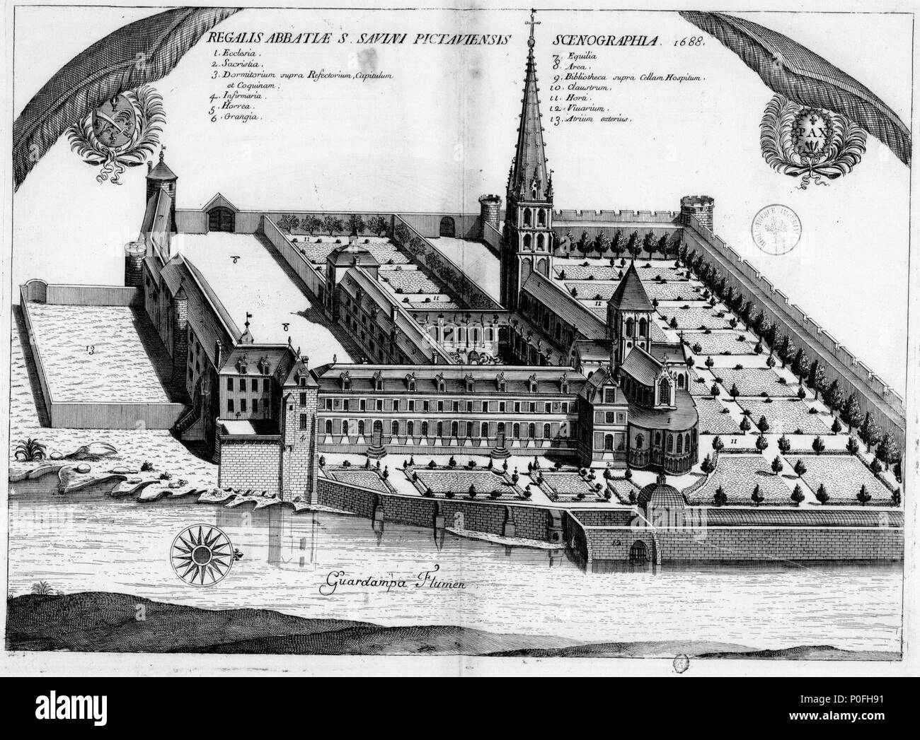 . Français: Planche gravée du 17ème siècle représentant l'Abbaye de Saint-Savin-sur-Gartempe, en France, dans le livre Monasticon Gallicanum. . 17. Jahrhundert. Michel Germain (1645 - 1694) Alternative Namen; Dom Dom Michel Germain Germain Beschreibung französischer Mönch, Gelehrter und Historiker Geburtsdatum / Tod 28. August 1645 vom 23. Januar 1694 die Lage der Geburt Péronne Authority control: Q 3309745 VIAF:?:? ISNI 24611609 0000 0001 2099 9200 88605954 LCCN:?n GND:?:? 02816668 119148676 SUDOC X WorldCat Achille Peigné-Delacourt (1797 - 1881) Beschreibung der französische Archäologe und Historiker Datum o Stockfoto