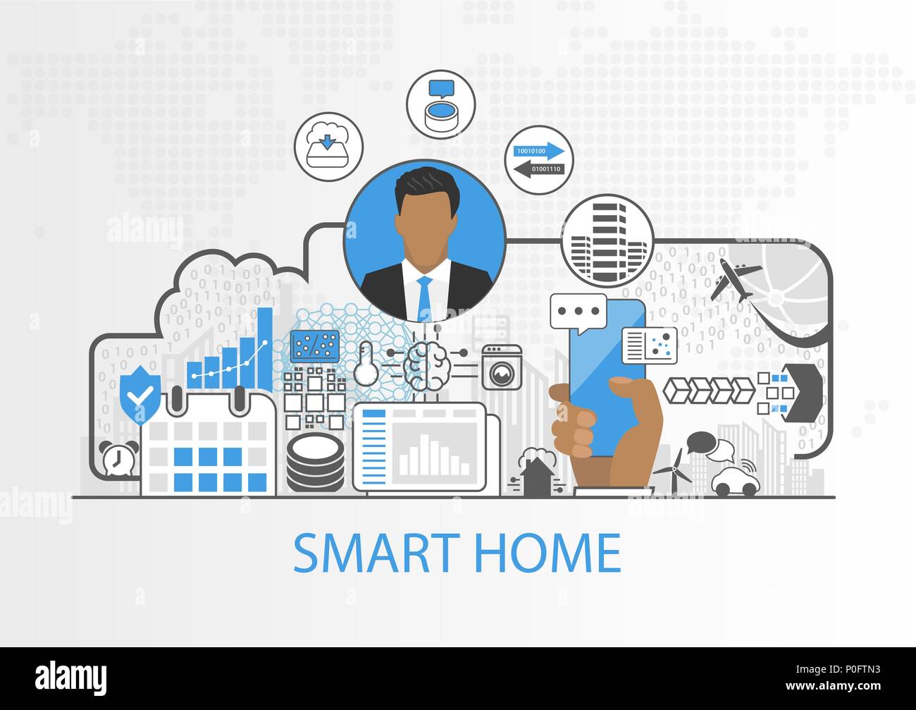 Smart Home vector Hintergrund mit Symbol der Geschäftsmann und angeschlossenen Haushaltsgeräten Stock Vektor