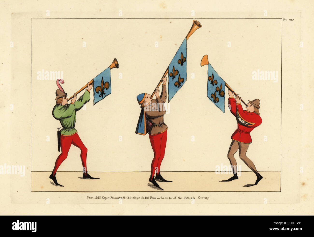 Drei läutet mit Trompeten mit fleur-de-lis Standards geschmückt, aus dem 15. Jahrhundert. Sie tragen kleine Kappen, kurze Kape über kurze Tuniken, eines mit zerschnitt Ärmel, Schlauch und lange spitze Schuhe. Nach einem Manuskript kopieren der Chronik des Jean Froissart in der Bibliothèque du Roi, Paris, Ende des 15. Jahrhunderts. Papierkörbe Kupferstich von Thomas Anthony Tag und J.H. Abbildungen Dines' der mittelalterlichen Kostüm in England gesammelt aus Handschriften im Britischen Museum, Bibliotheque Nationale de Paris, Bosworth, London, 1853. Stockfoto