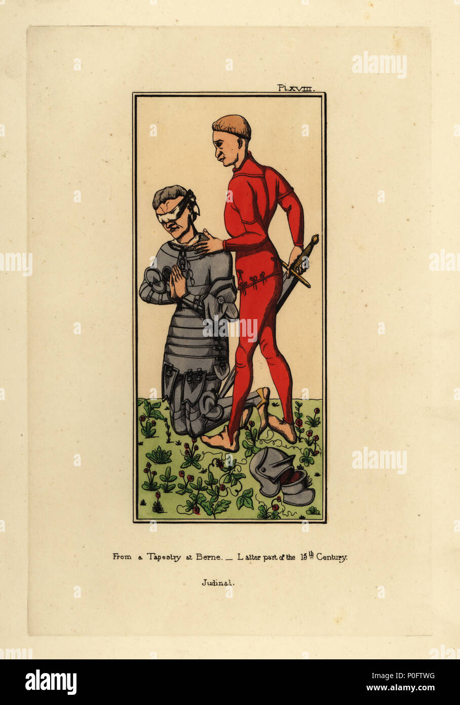 Kostüm der Henker und Ritter in der Klage der Platte Rüstung, aus dem 15. Jahrhundert. Der Scharfrichter in Scharlach Wams und Schlauch, der mit verbundenen Augen Ritter in Platte Rüstung mit dekorativen Winkelstück Stücke, genouillieres, und einen Helm auf den Boden. Von der Tapisserie in Bern nach der Malerei der Gerechtigkeit des Trajan und Herkinbald von Rogier van der Weyden, 1450. Papierkörbe Kupferstich von Thomas Anthony Tag und J.H. Abbildungen Dines' der mittelalterlichen Kostüm in England gesammelt aus Handschriften im Britischen Museum, Bibliotheque Nationale de Paris, Bosworth, London, 1853. Stockfoto