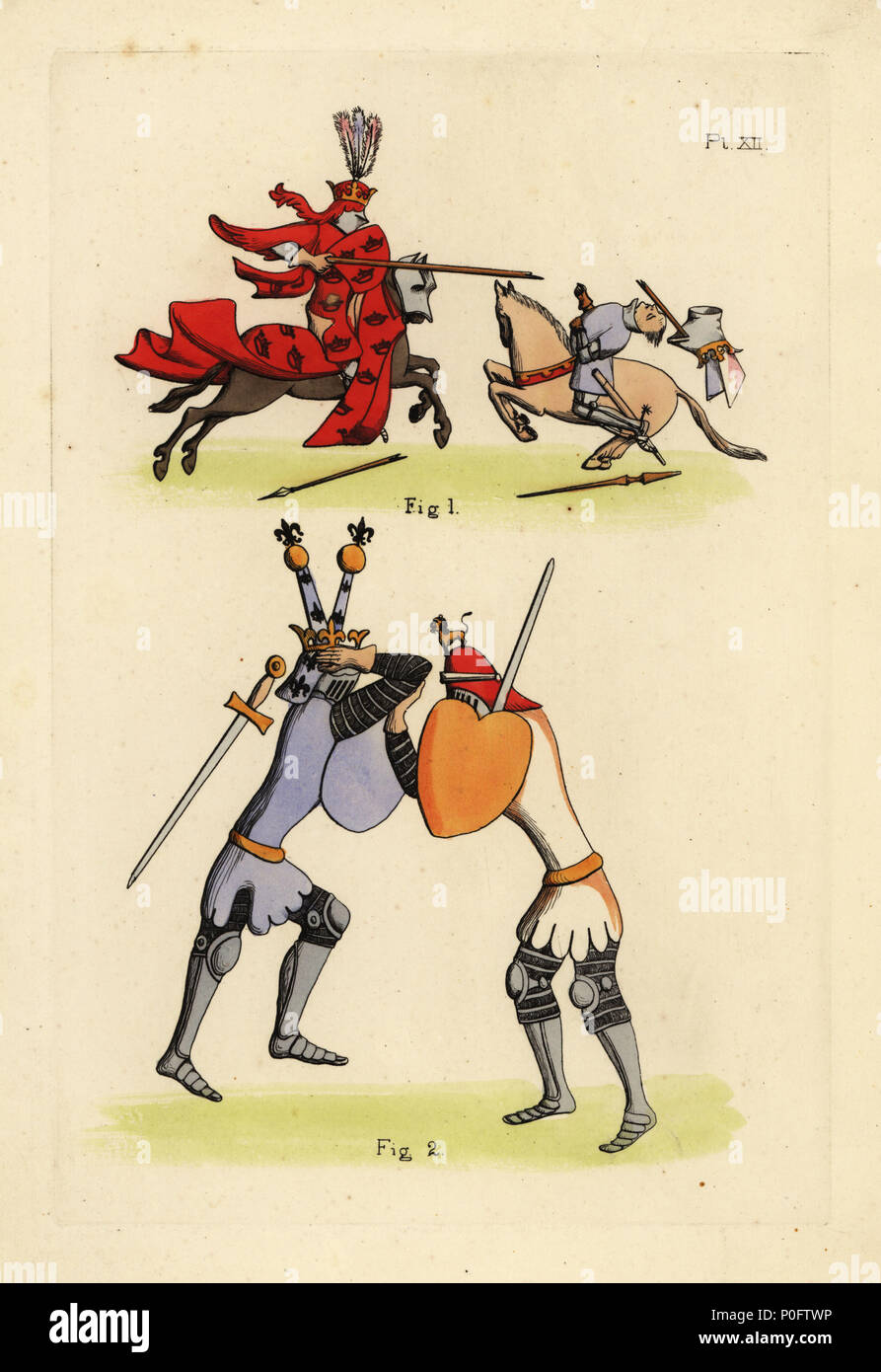 Ritter im Kampf, aus dem 14. Jahrhundert. König Heinrich V im Kampf zu Pferd im jupon oder Cote-d'Armes mit Waffen von England und Frankreich, bascinet mit panache Federn 1, und Duell zwischen englischer und französischer Ritter in jupon, Platte und Kettenhemd Rüstung, Helm mit Kamm und Schild 2. Aus der Römischen du Roy Meliadus, British Museum Manuskript hinzufügen. 12228. Papierkörbe Kupferstich von Thomas Anthony Tag und J.H. Abbildungen Dines' der mittelalterlichen Kostüm in England gesammelt aus Handschriften im Britischen Museum, Bibliotheque Nationale de Paris, Bosworth, London, 1853. Stockfoto