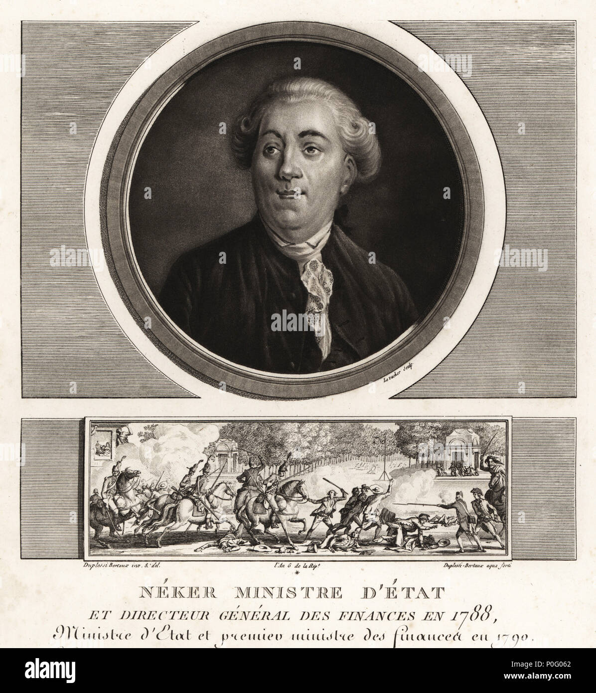 Neker oder Jacques Necker, Staatsminister und Generaldirektor der Finanzen, 1732-1804. Schabkunst ausgearbeitet und von Jean Duplessis-Bertaux aus seiner Sammlung vervollständigen de 60 Porträts des Personnages qui ont le plus Abbildung dans la Revolution Francaise, Auber, Paare, 1800 eingraviert. Porträt graviert von Charles Francois Gabriel Levachez. Vignette zeigt die Büsten von Neker und Orleans in Place Louis XV, 12. Juli 1789 zertrümmert. Stockfoto