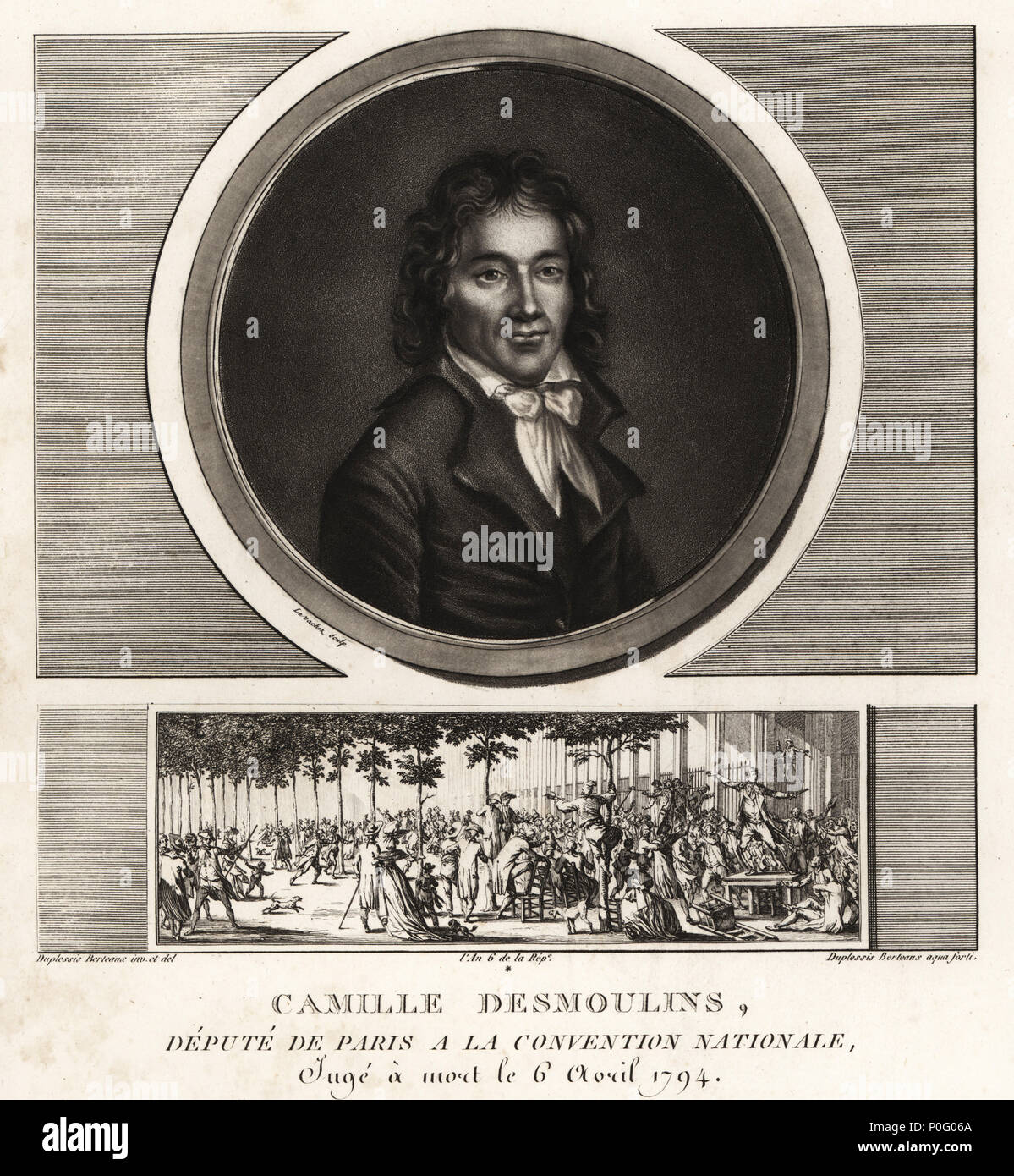 Camille Desmoulins, Delegieren de Paris a La Convention Nationale, d. 1794. Vignette zeigt ihm, eine Rede auf einem Tisch im Palais Royal (Palais Egalite). Schabkunst ausgearbeitet und von Jean Duplessis-Bertaux aus seiner Sammlung vervollständigen de 60 Porträts des Personnages qui ont le plus Abbildung dans la Revolution Francaise, Auber, Paare, 1800 eingraviert. Porträt graviert von Charles Francois Gabriel Levachez. Stockfoto