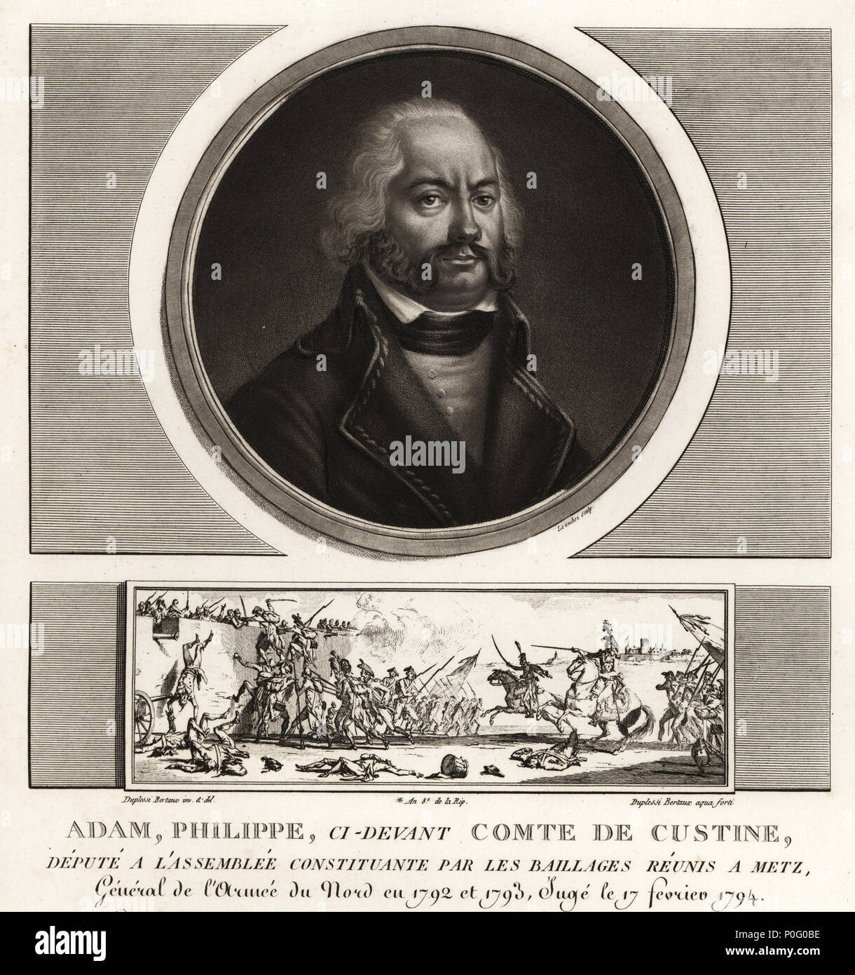 Adam Philippe, Comte de Custine, französische Revolutionäre allgemein, wegen Hochverrats 1793 ausgeführt. Vignette zeigt die französischen Revolutionäre Armee, die die Stadt Mainz im Jahr 1792. Schabkunst ausgearbeitet und von Jean Duplessis-Bertaux aus seiner Sammlung vervollständigen de 60 Porträts des Personnages qui ont le plus Abbildung dans la Revolution Francaise, Auber, Paare, 1800 eingraviert. Porträt graviert von Charles Francois Gabriel Levachez. Stockfoto