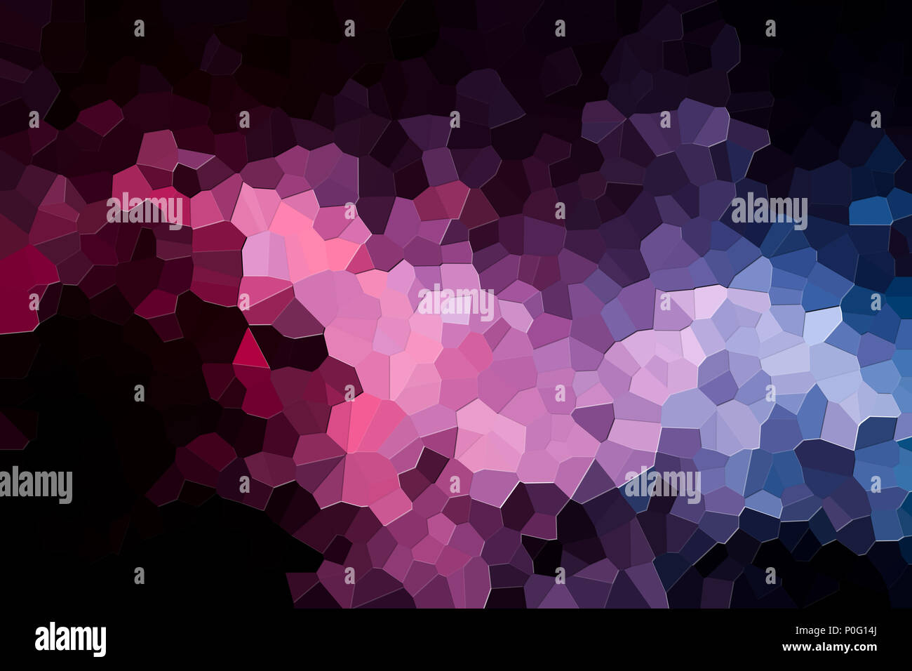 Farbenfrohe abstrakte geometrische Komposition, geometrischen Muster von Lila und Rosa verschiedene Polygone und Dreiecke auf schwarzem Papier Hintergrund. Stockfoto