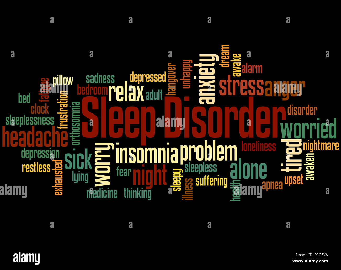 Schlafstörungen Wort cloud Konzept auf schwarzem Hintergrund. Stockfoto
