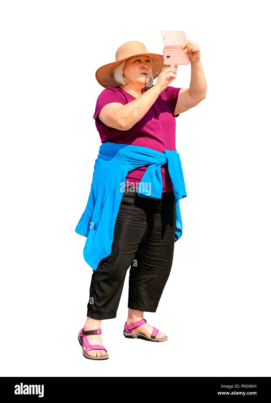 Frau mittleren Alters eine selfie auf Eastbourne Pier Stockfoto