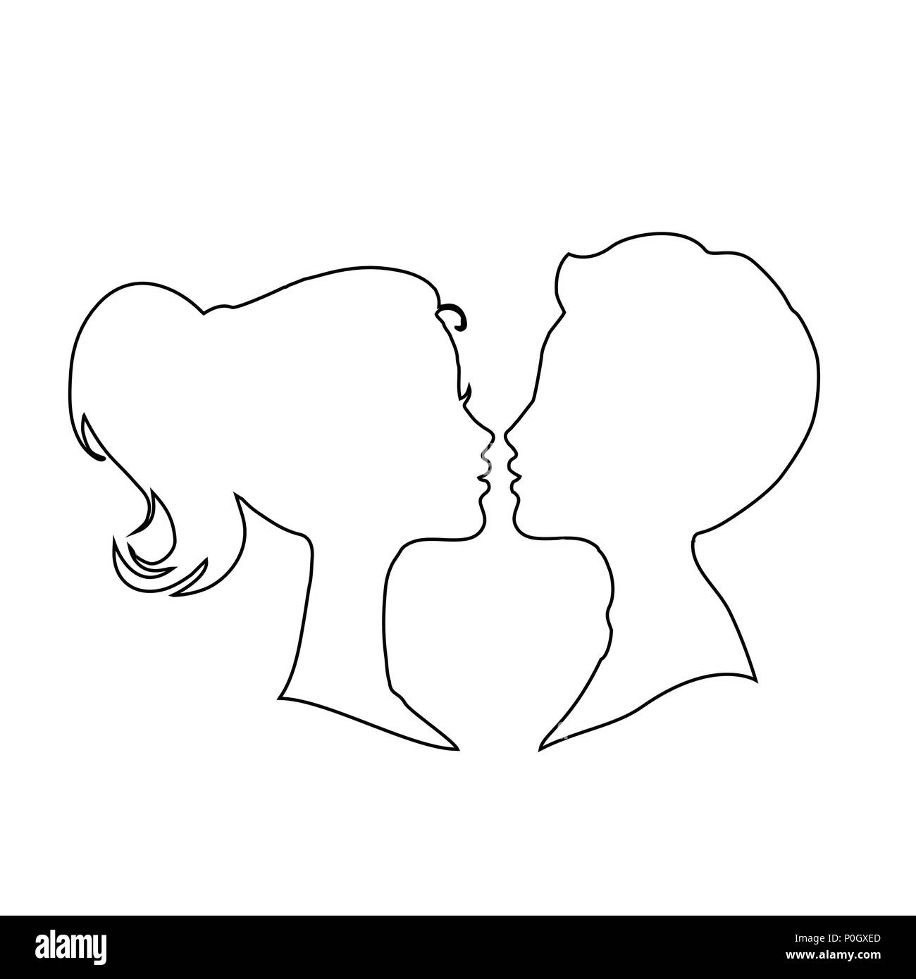 Mann und Frau Kontur outline Silhouetten auf weißem Hintergrund. Junge und Mädchen weiß Profile in Vektor Gesichter. Paar küssen. Design für Hochzeit oder Vale Stock Vektor