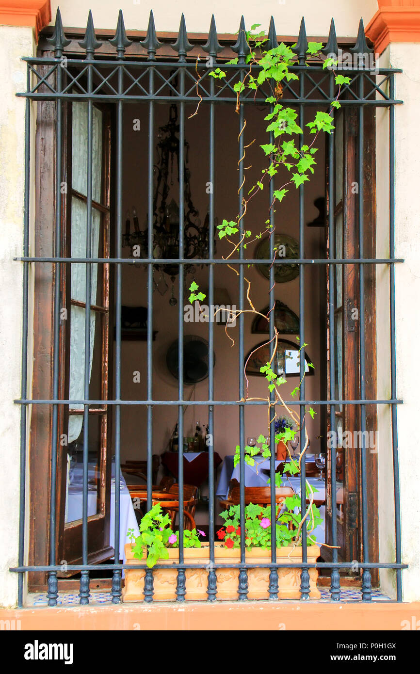 Fenster mit Sicherheit Bars in Colonia del Sacramento, Uruguay öffnen. Es ist eine der ältesten Städte in Uruguay Stockfoto