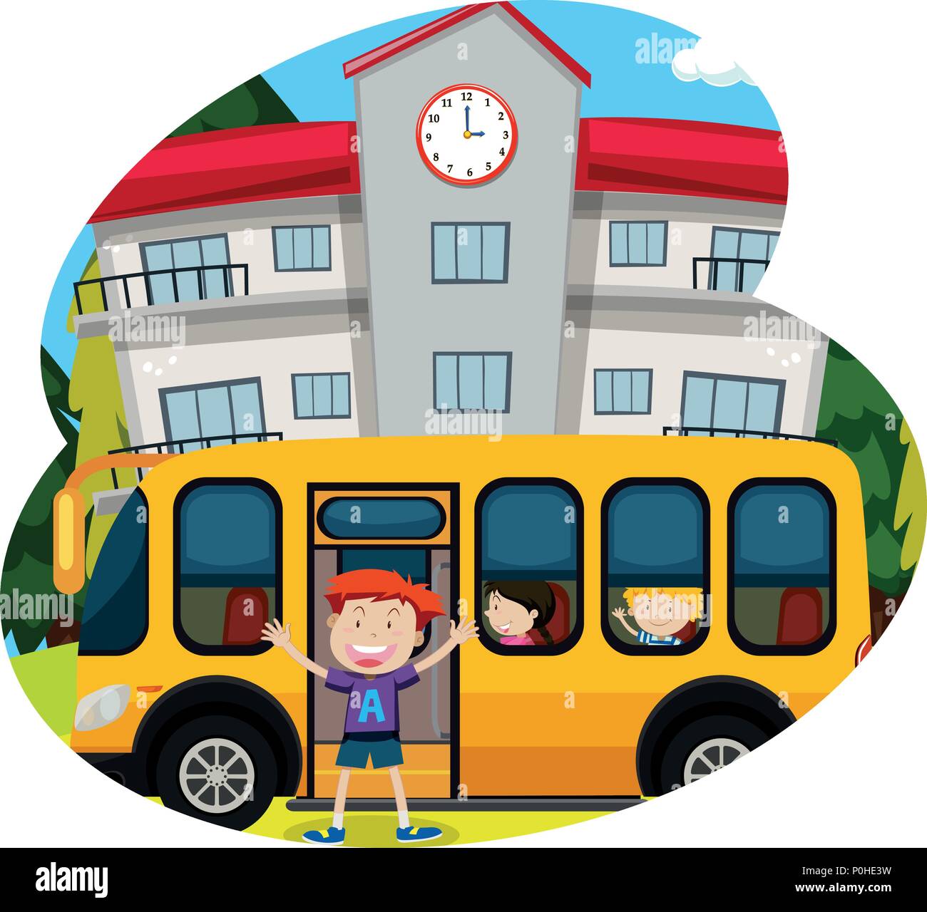 Happy Boy Infornt einer Schule bus Abbildung Stock Vektor
