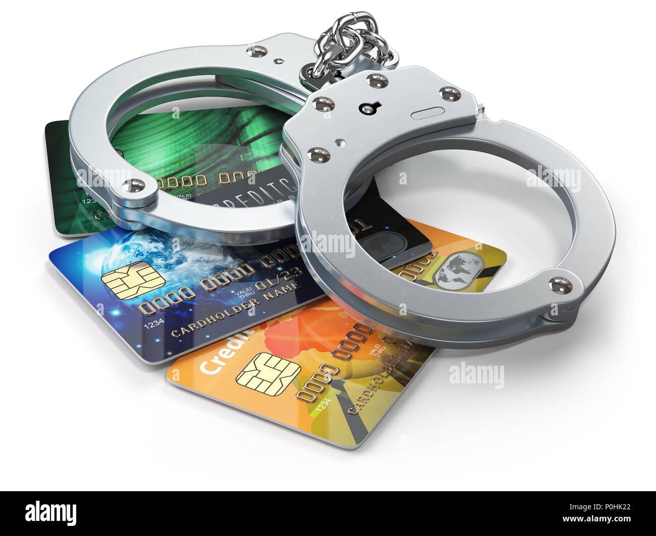 Kreditkarte mit Handschellen auf weißem Hintergrund. Banking Wirtschaftskriminalität und bilanzfälschung Konzept. 3D-Darstellung Stockfoto