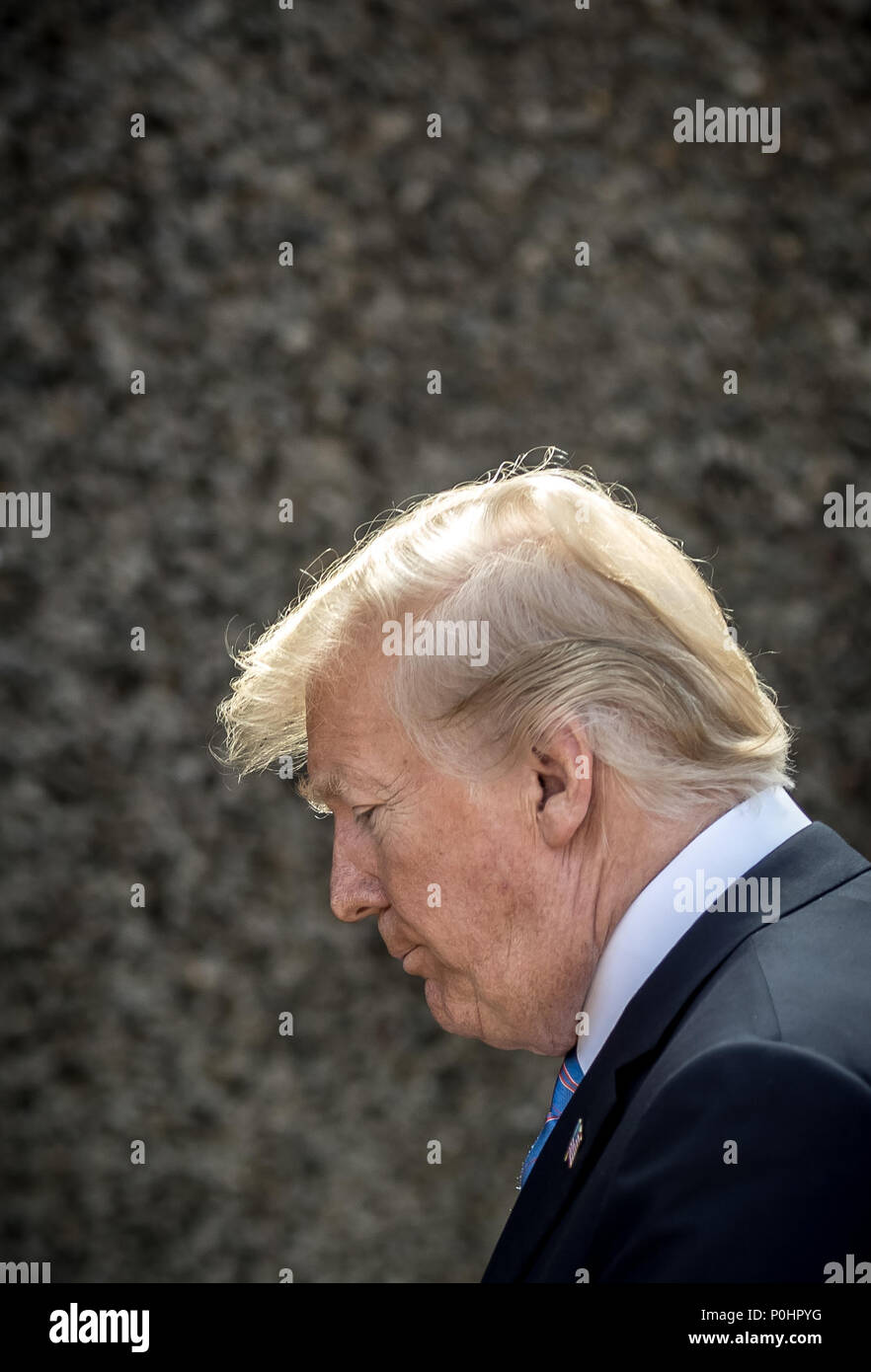 La Malbaie, Kanada. 09 Juni, 2018. 09 Juni 2018, US-Präsident Donald Trump verlässt den G7-Gipfel Lage nach einer Pressekonferenz. Quelle: Michael Kappeler/dpa/Alamy leben Nachrichten Stockfoto