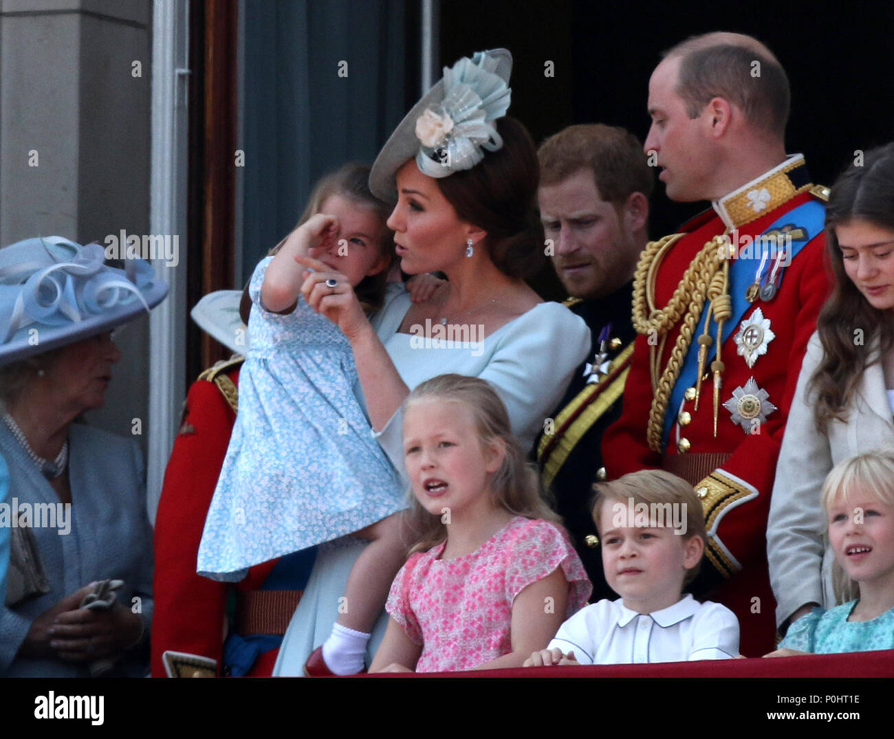 Die britische Königsfamilie am Trooping der Farbe 2018. Die Farbe markiert den Queens offizieller Geburtstag. Die Farbe, London, Juni 09, 2018 Stockfoto