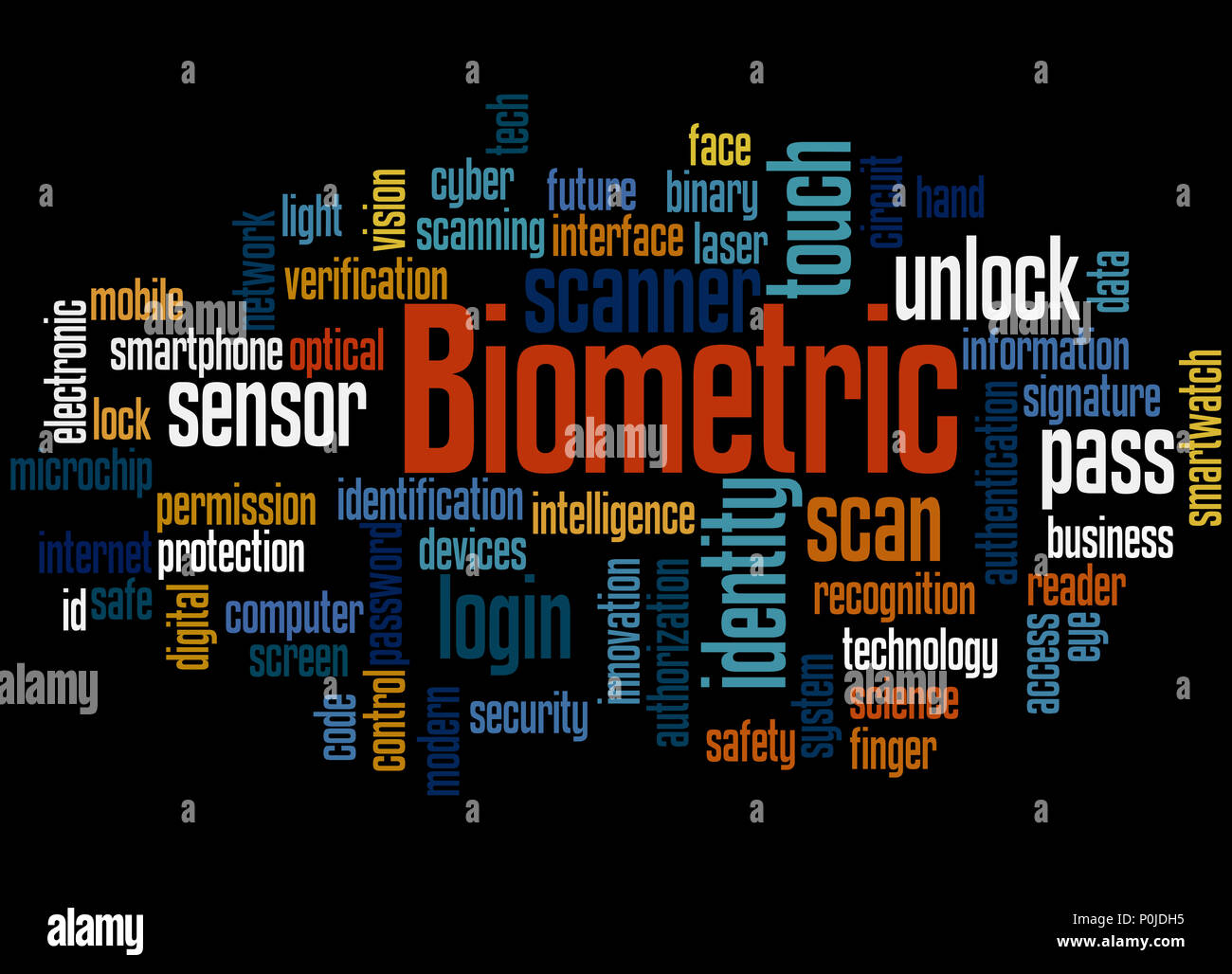 Biometrische, Word cloud Konzept auf schwarzem Hintergrund. Stockfoto