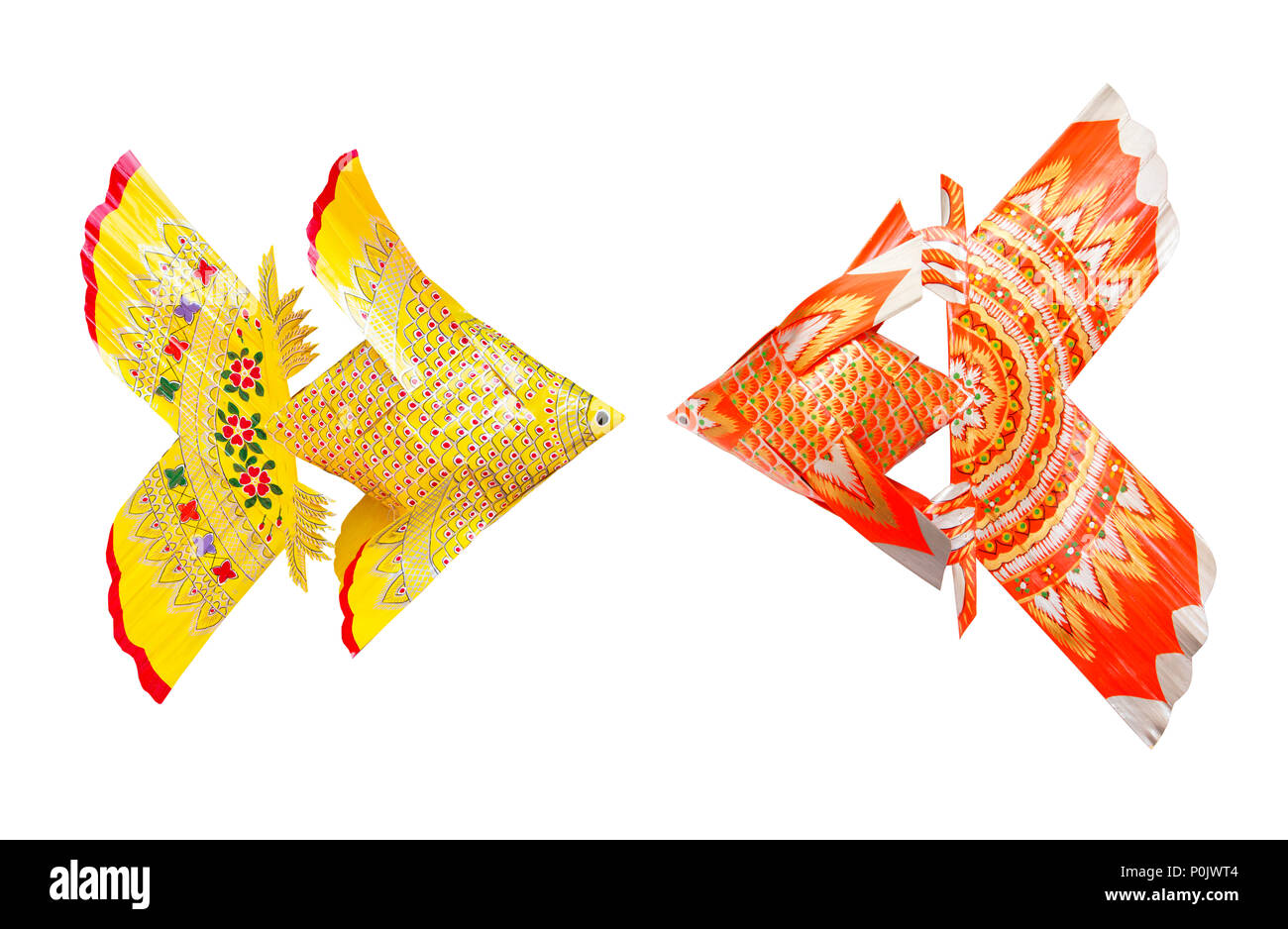 Gelbe und Rote Spinnen Fische auf weißem Hintergrund Stockfoto