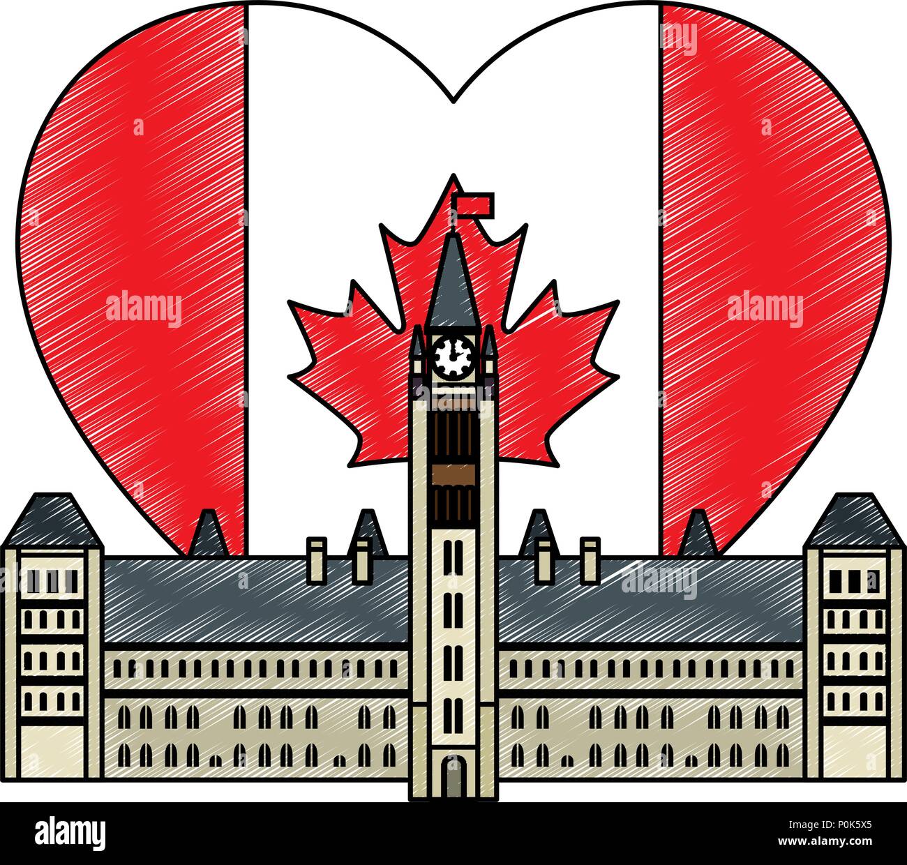 Kanadische Parlament Gebäude mit Herz Flagge Stock Vektor