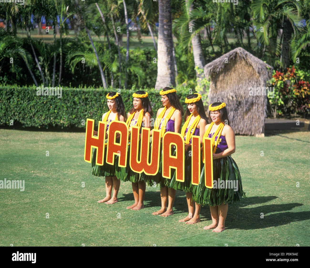 Historische Hawaii 1993 ZEICHEN KODAK HULA TANZ SHOW WAIKIKI HONOLULU, Oahu Hawaii USA Stockfoto