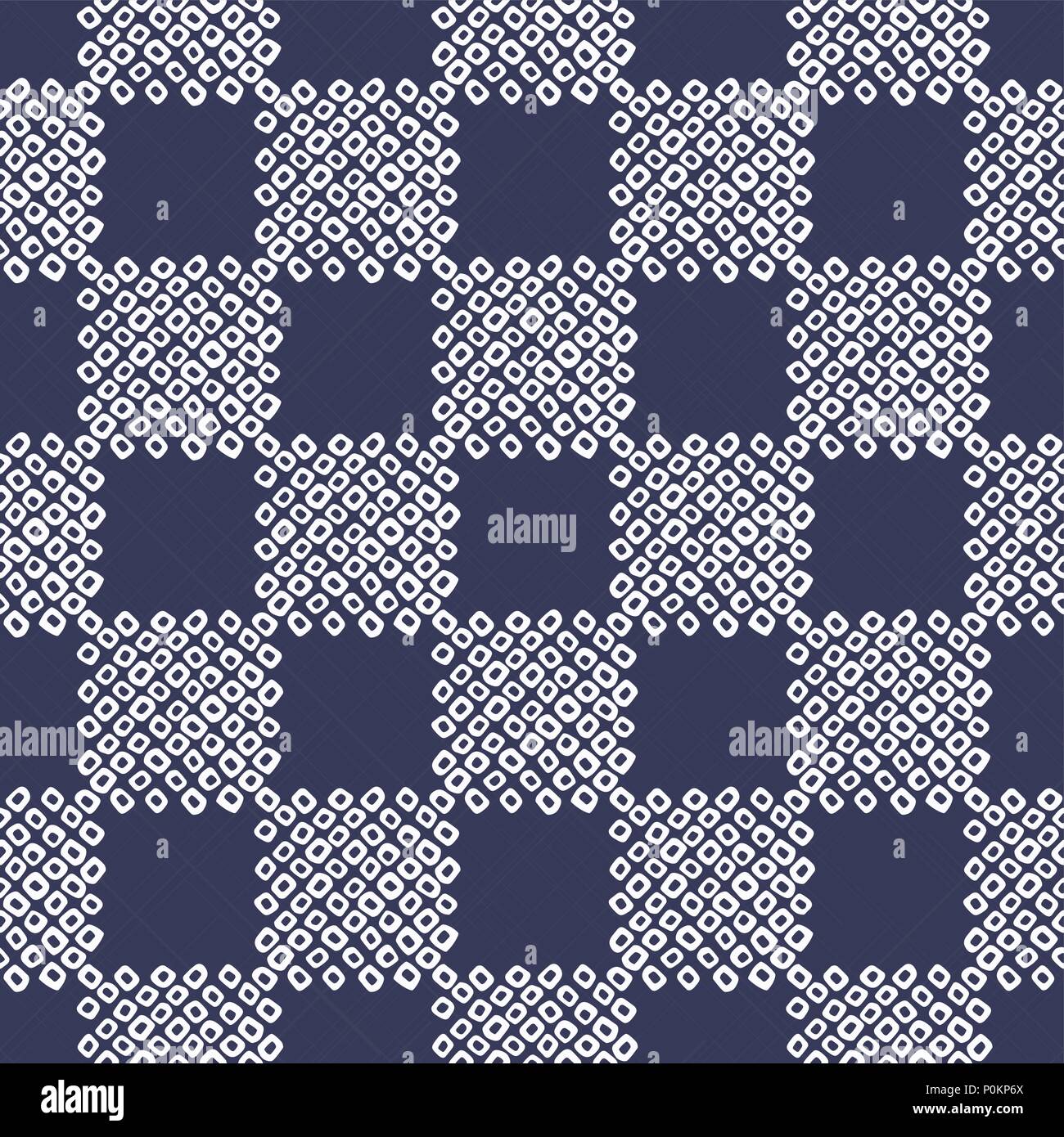 Checkered Shibori tuch Motiv. Japanische nahtlose Muster. Der dunkle Hintergrund. Indigo Farbe. Klassische asiatische färben Technik. Glatte Textur für Tapeten, Stock Vektor