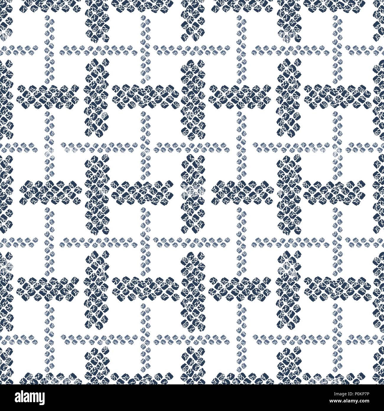 Checkered Shibori tuch Motiv. Japanische nahtlose Muster. Weißer Hintergrund. Indigo Farbe. Klassische asiatische färben Technik. Glatte Textur für Tapeten, Stock Vektor