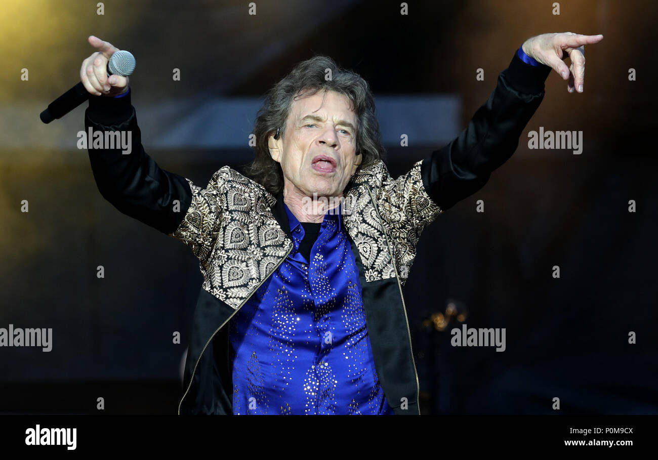 Mick Jagger von den Rolling Stones während ihrer Gig im Murrayfield Stadium in Edinburgh, Schottland. Stockfoto