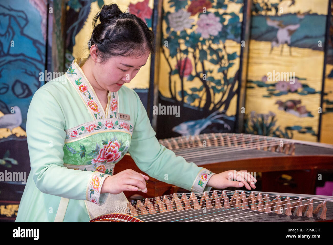 Yangzhou, Jiangsu, China. Junge Frau spielen auf der Guzheng, schlanke West Lake Park. Stockfoto