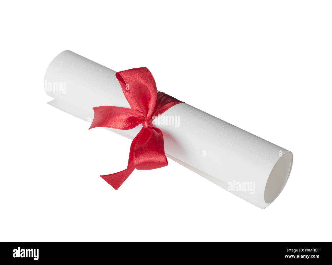Papier blättern (Diplom) mit roter Schleife auf einem weißen Hintergrund gebunden Stockfoto