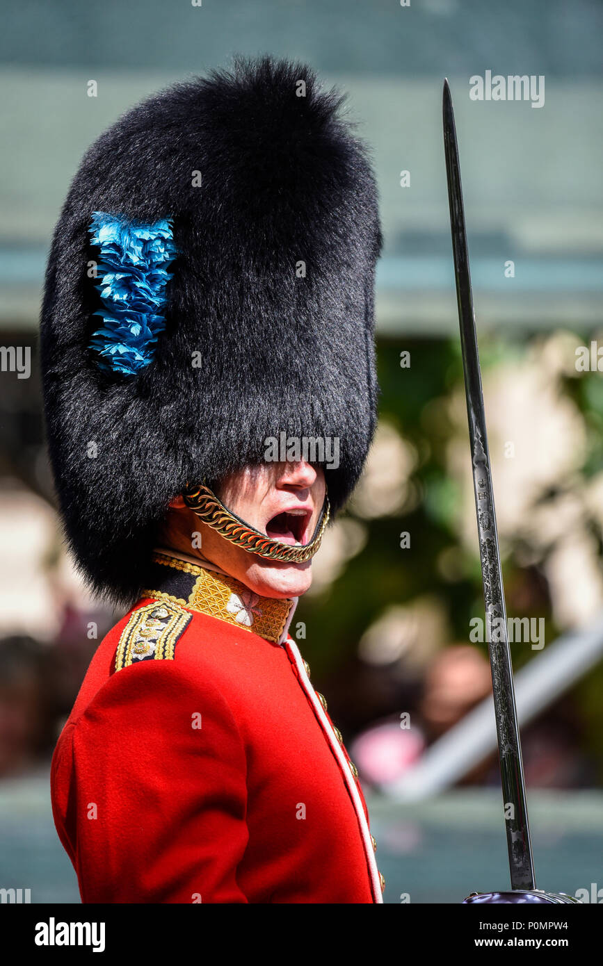 Die Farbe 2018 Officer schreien Bestellungen. Britische Armee Irish Guards Stockfoto