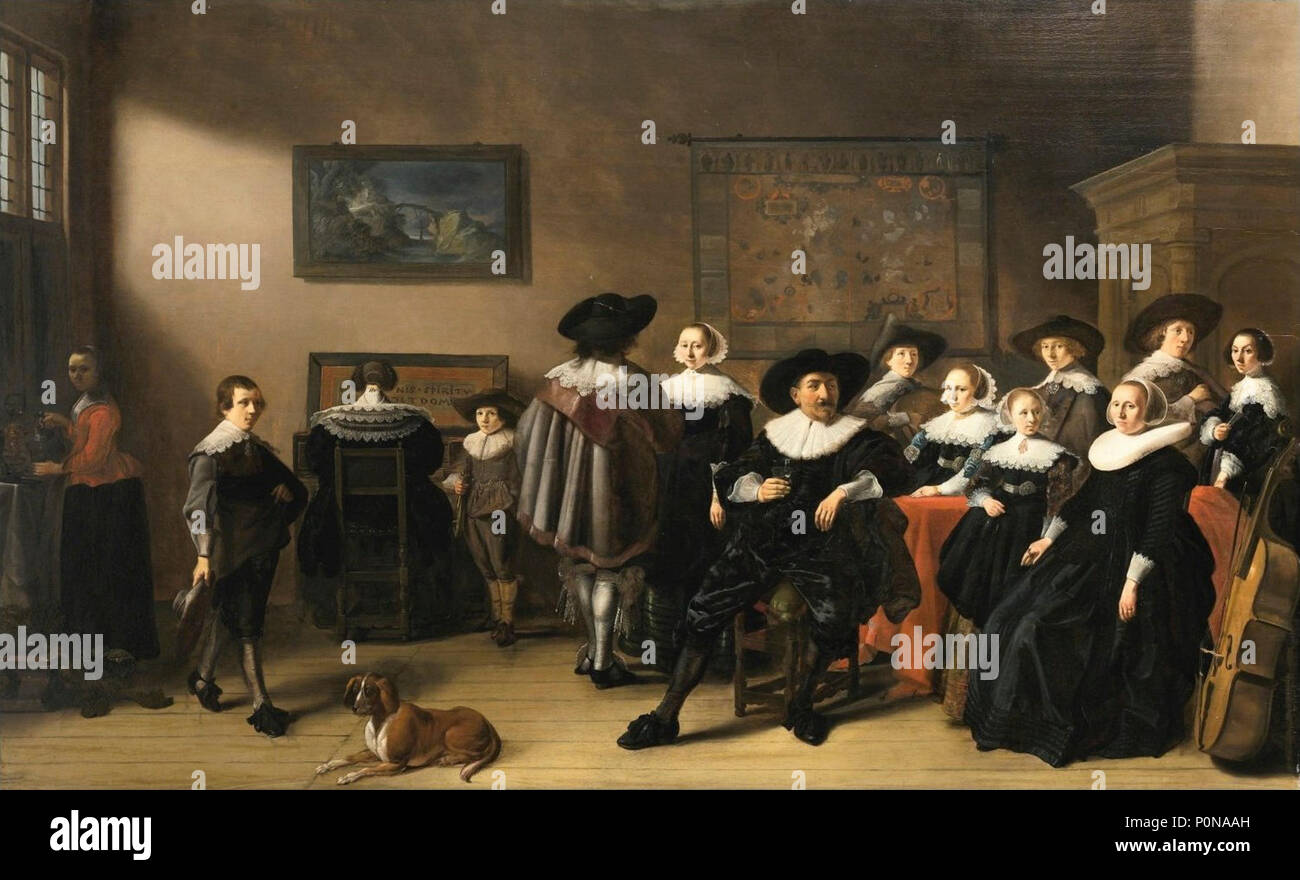 "Family Portrait mit Mann, Frau und zwei Töchtern sitzen an einem Tisch..." von Pieter Codde Stockfoto
