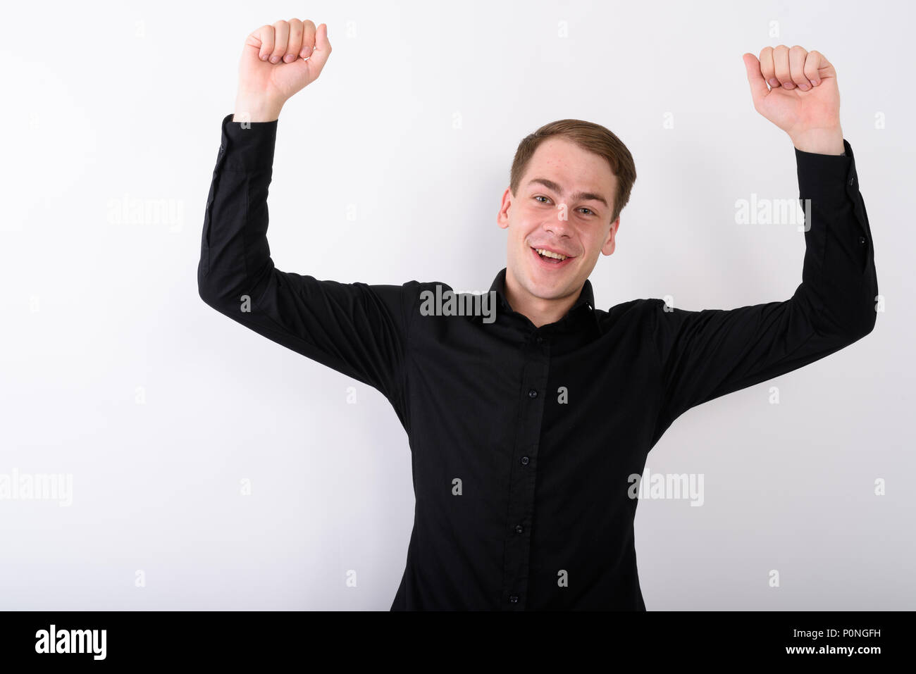 Junge gut aussehender Geschäftsmann vor weißem Hintergrund Stockfoto