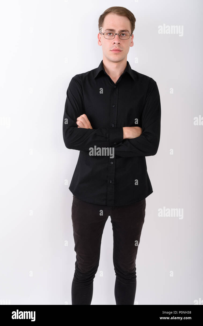 Junge gut aussehender Geschäftsmann vor weißem Hintergrund Stockfoto