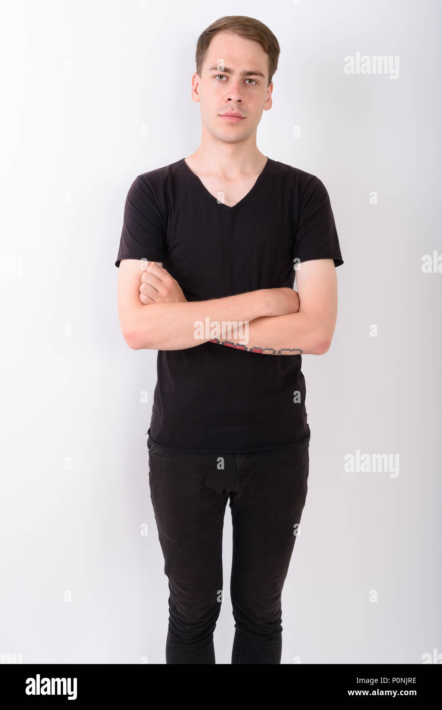 Jungen gutaussehenden Mann gegen den weißen Hintergrund Stockfoto