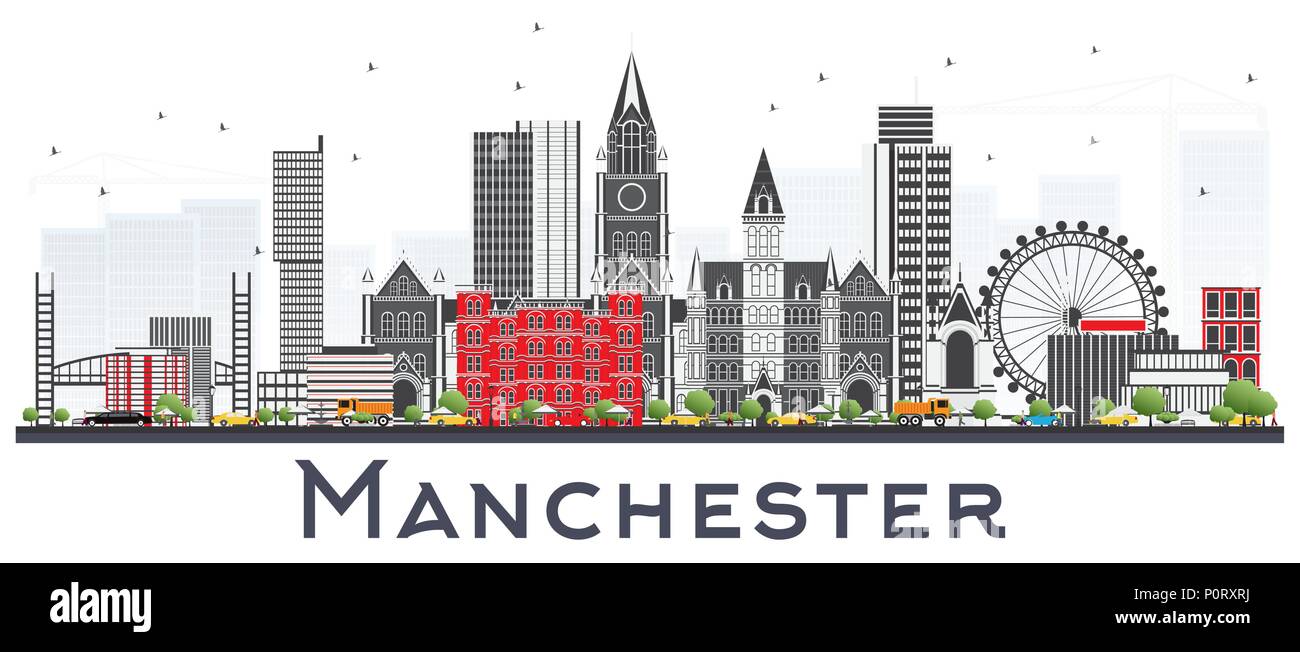 Manchester Skyline mit grauen Gebäude isoliert auf Weiss. Vector Illustration. Business Travel und Tourismus Konzept mit moderner Architektur. Stock Vektor