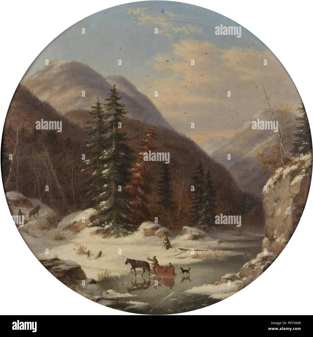 "In den Bergen unter Quebec, North Shore, französische Kanadier im frühen Winter", Ölgemälde von Cornelius Krieghoff. Stockfoto