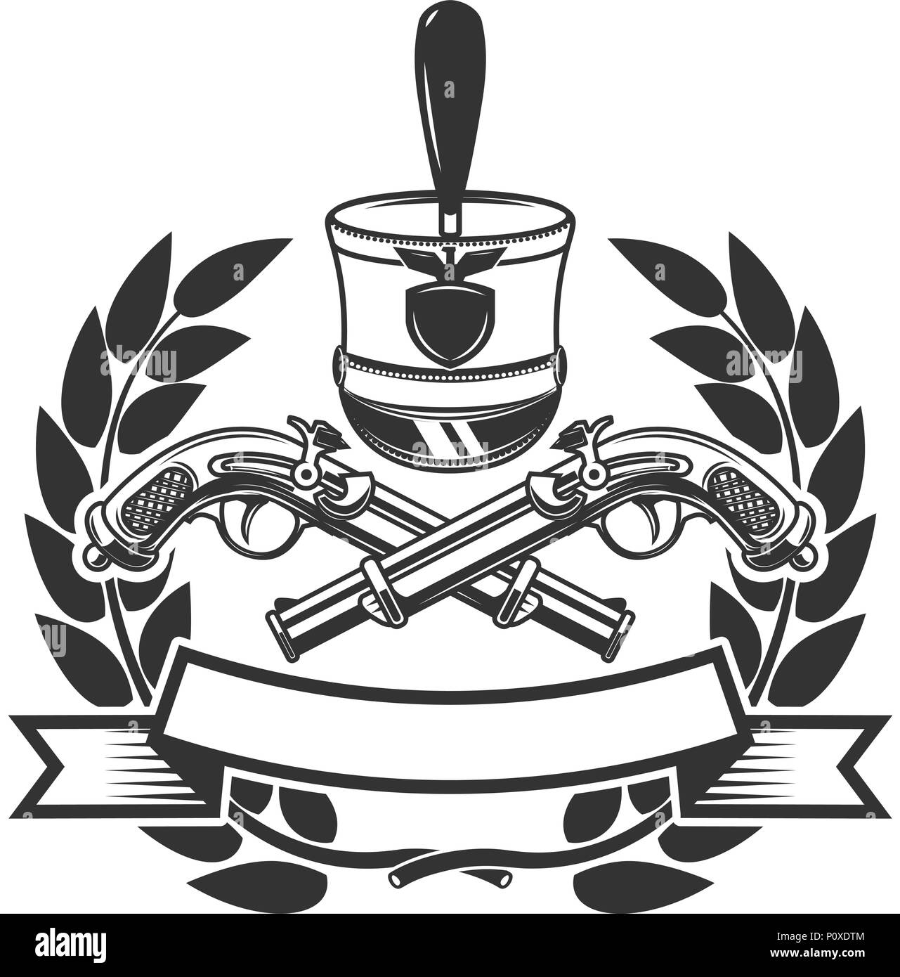 Emblem Vorlage mit alten Hand Pistolen. Design Element für Logo, Etiketten, Poster, Drucken, Karte, Banner, unterzeichnen. Vektorbild Stock Vektor